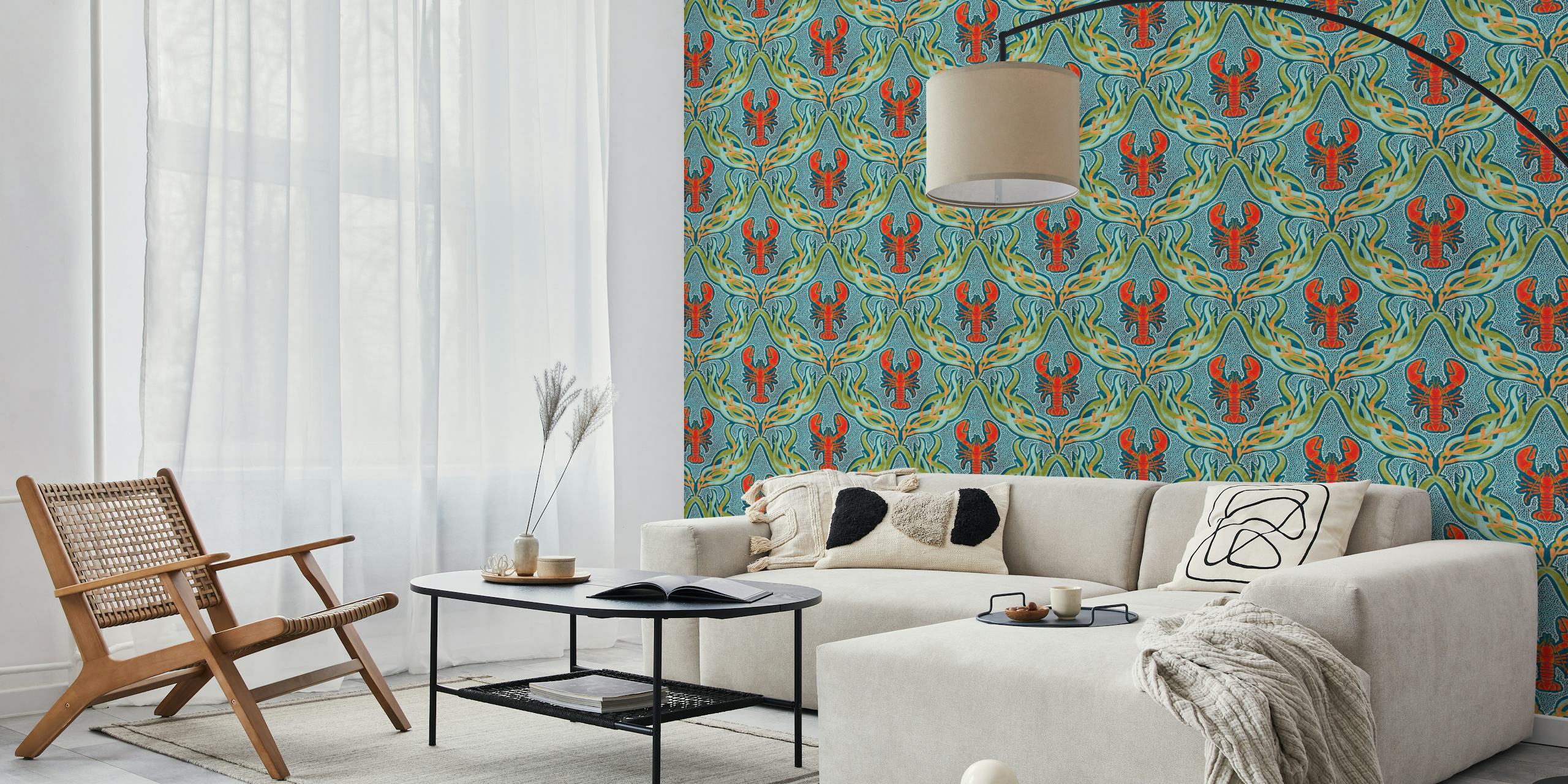 Lobster and seaweed pattern in teal and orange wallpaper