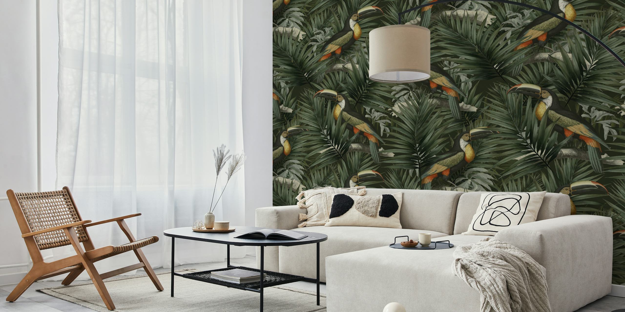 Toucans and tropical foliage wall mural for an exotic interior touch