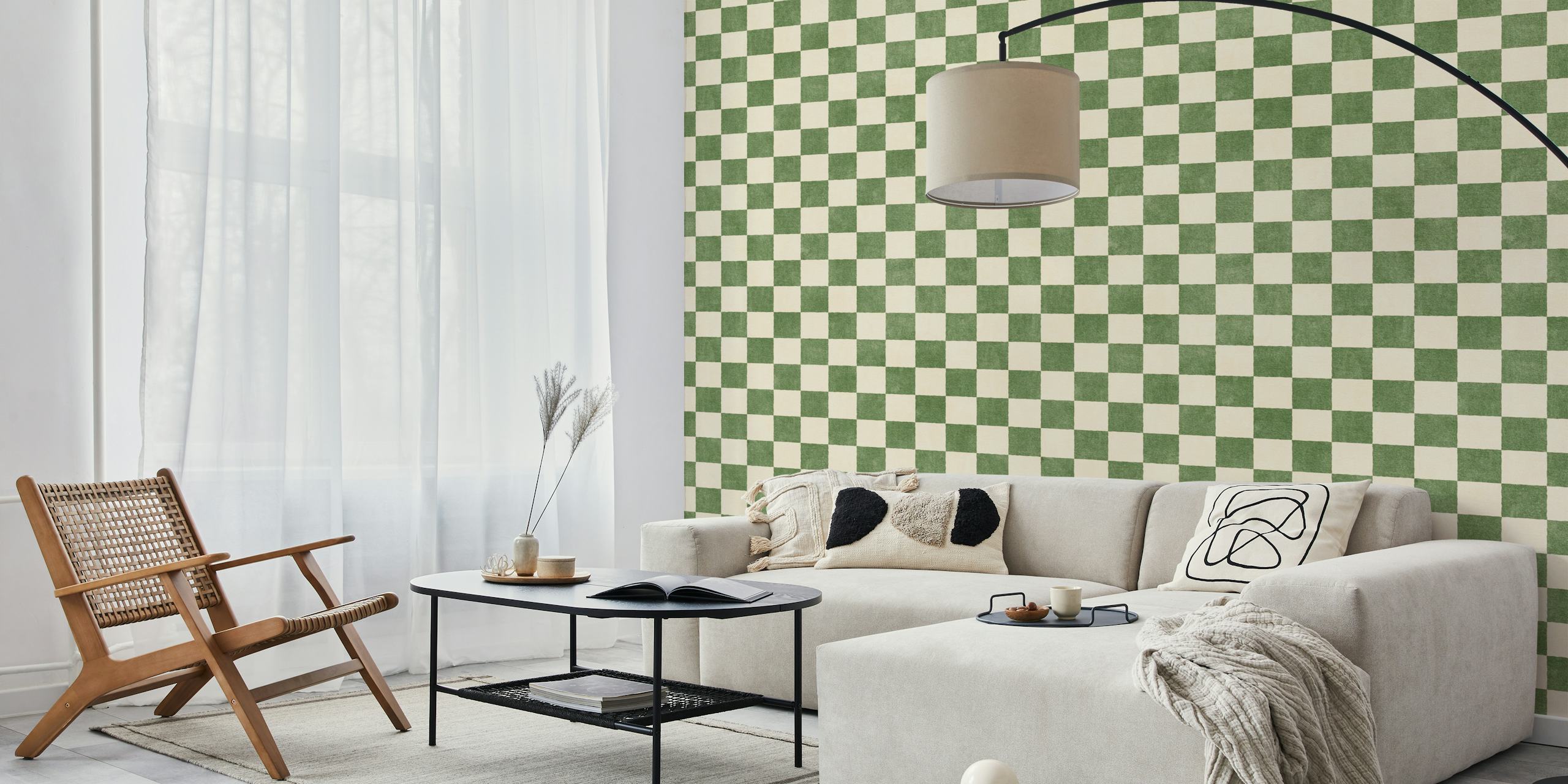 Olive green and cream checkerboard pattern wallpaper