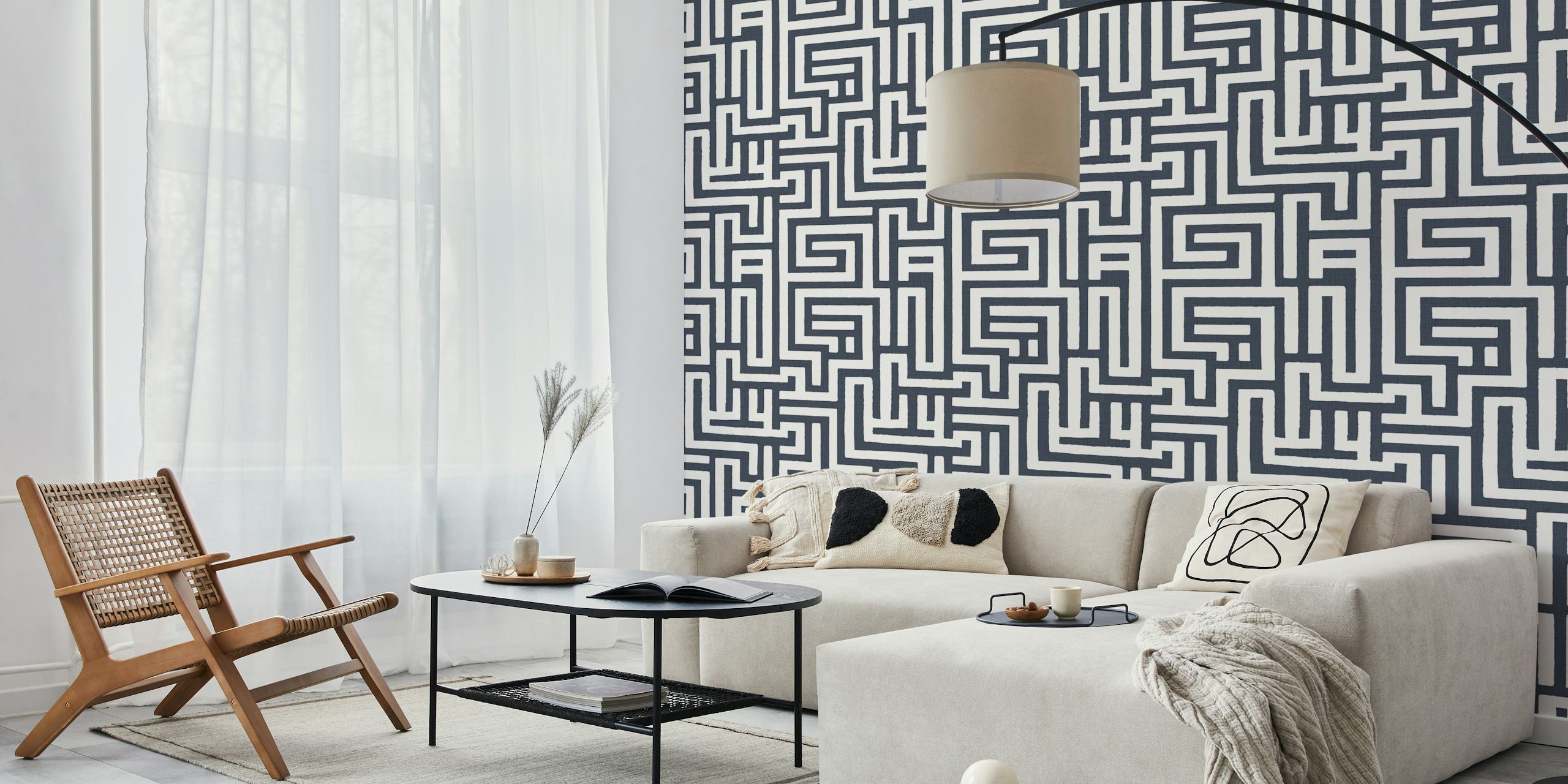 Maze patterned wallpaper in a room