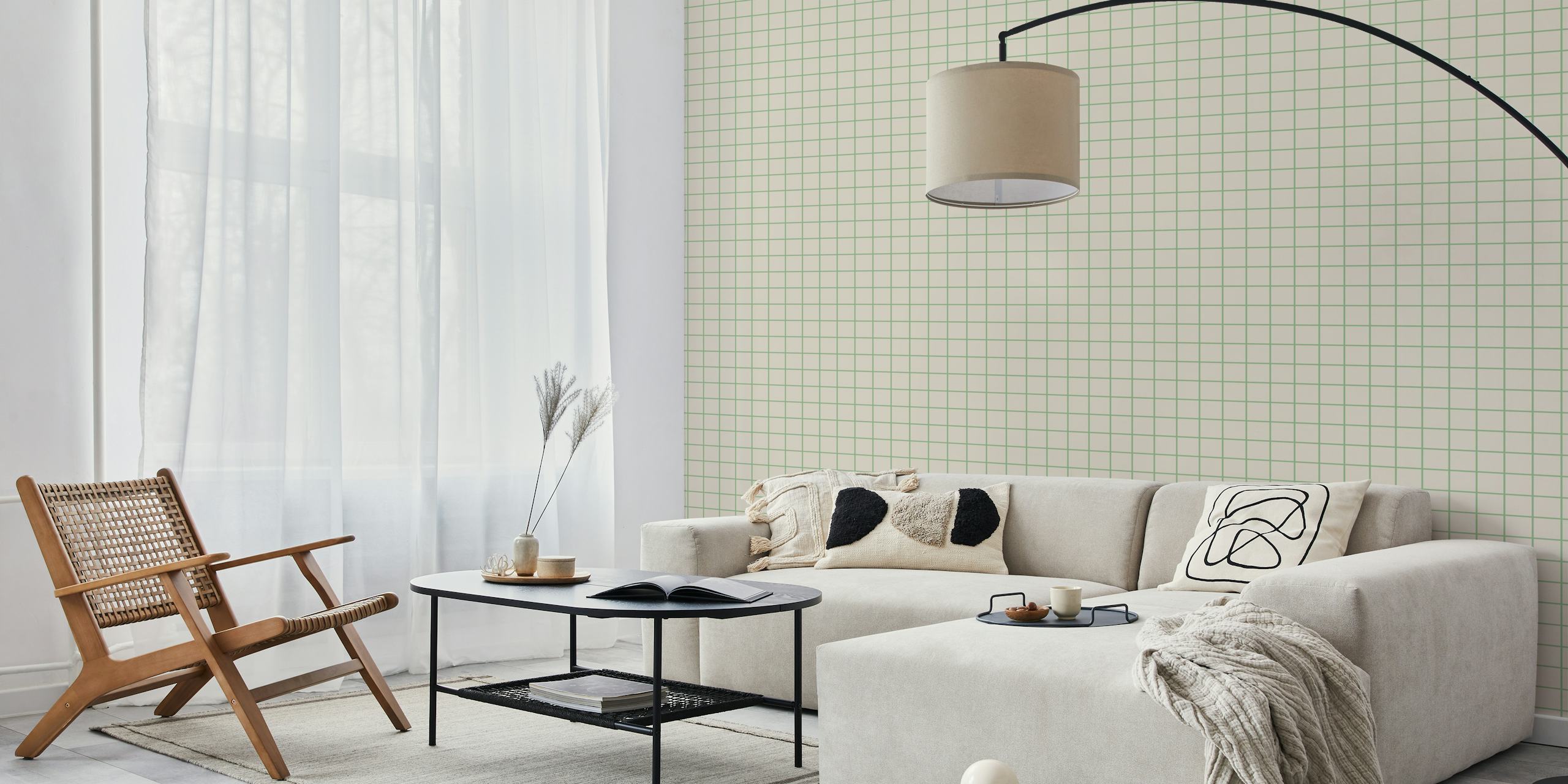 Minimal Squares - Beige and Vintage Green firkantet tapet i et rom