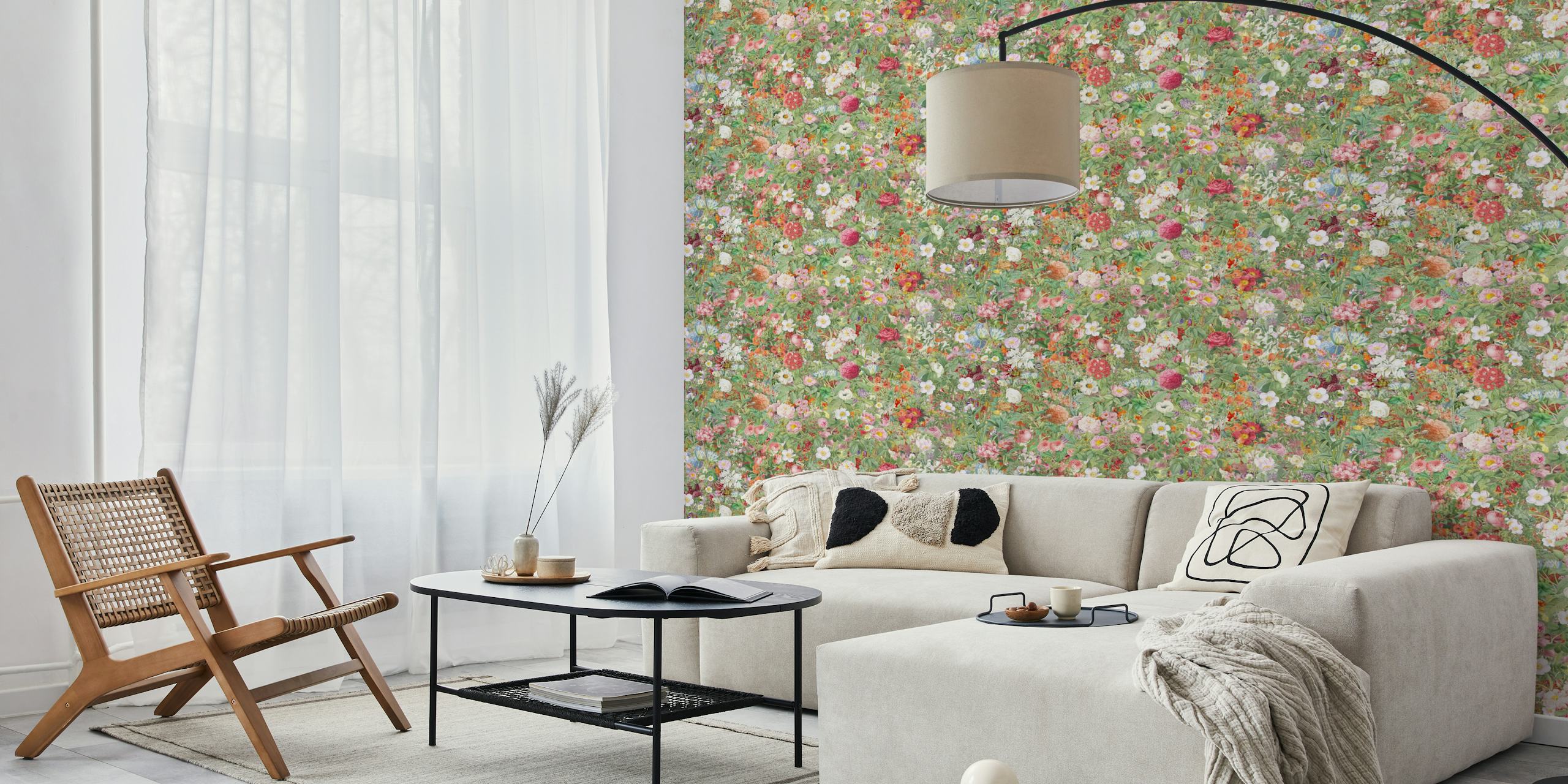 Colorful floral pattern with numerous flowers and greenery wallpaper