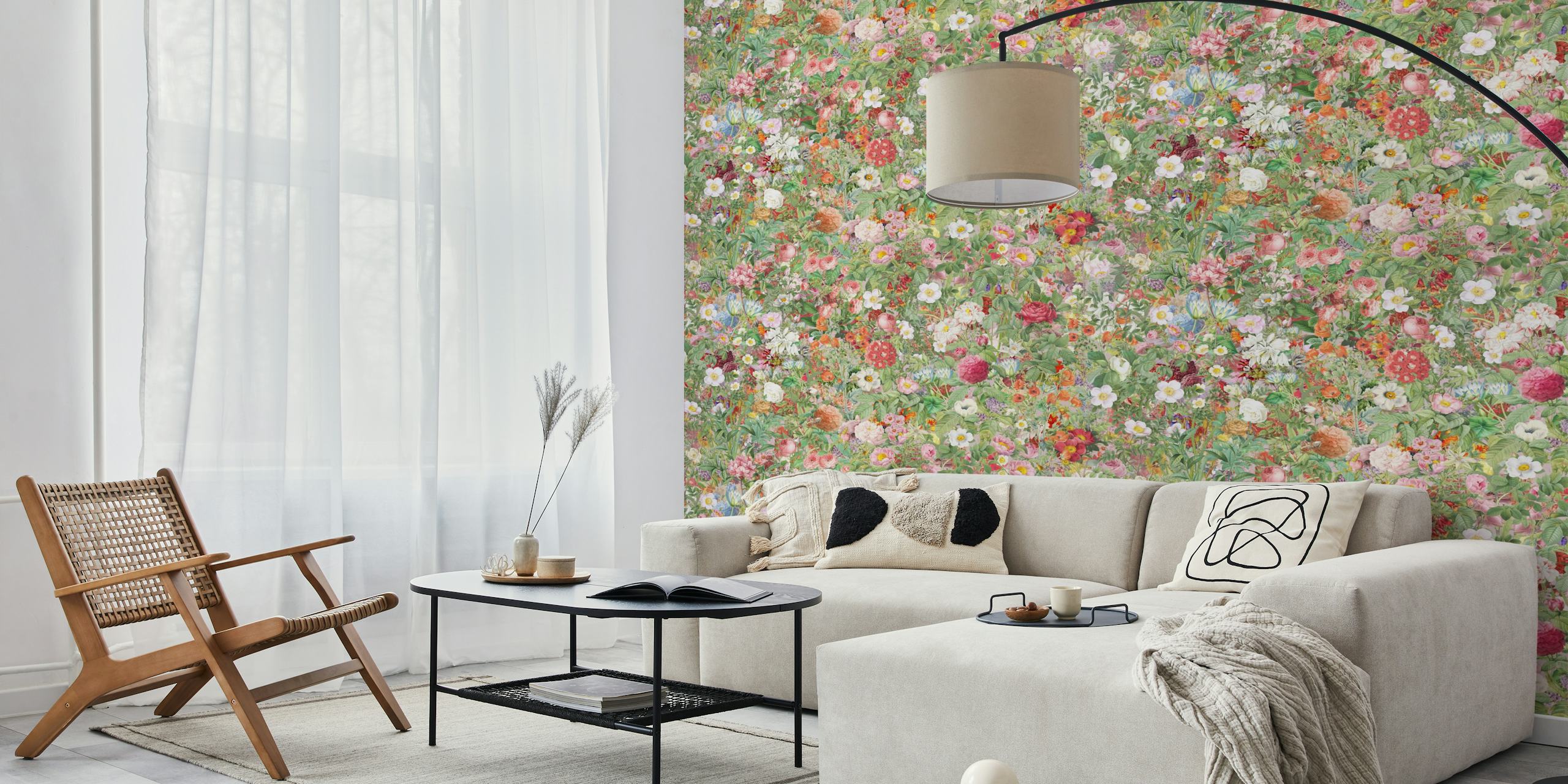 Vintage flower meadow wallpaper in a room