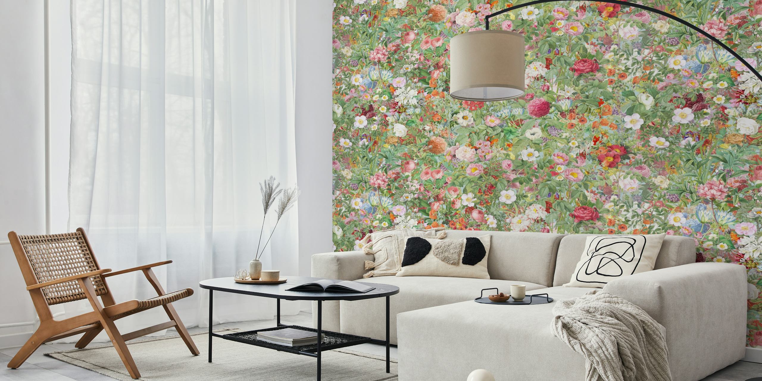 Vintage Flower Meadow 3 blue background en una decoración de sala