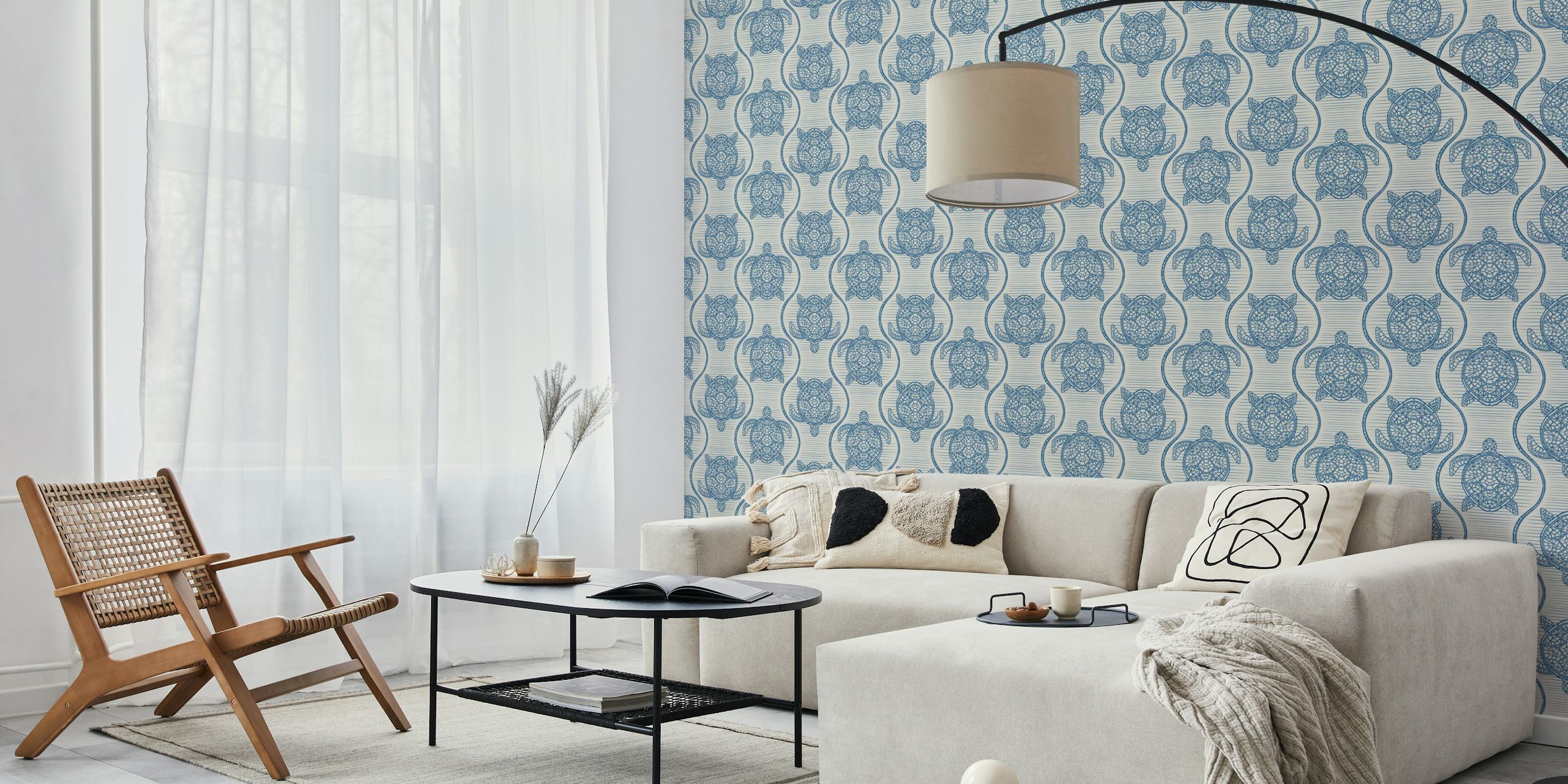 papel de parede Blue Turtles Ogee Coastal Boho no quarto