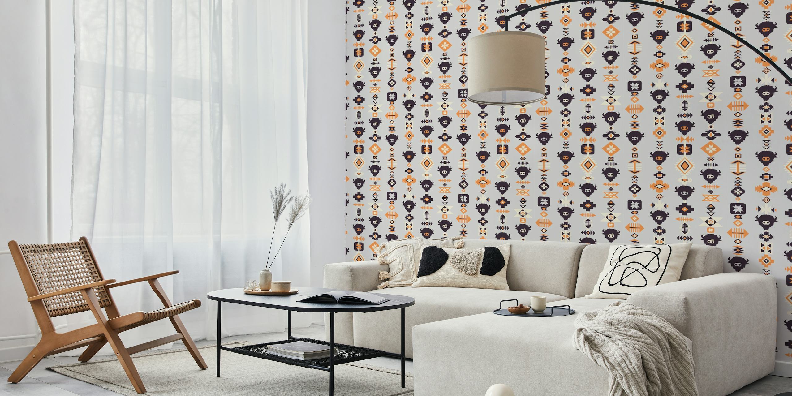 Buffalo and Aztec pattern in grey and orange wallpaper