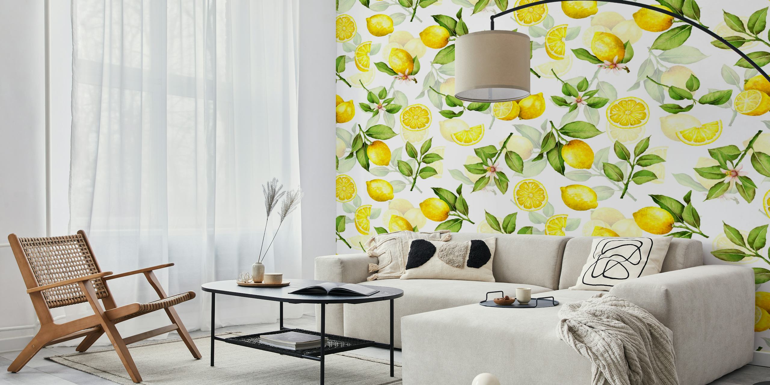Yellow lemons and green leaves pattern wallpaper