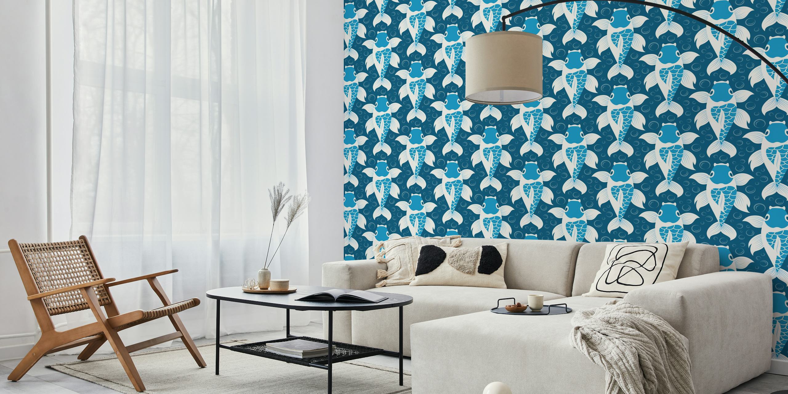 Koi fish pattern in blue with white accents wallpaper