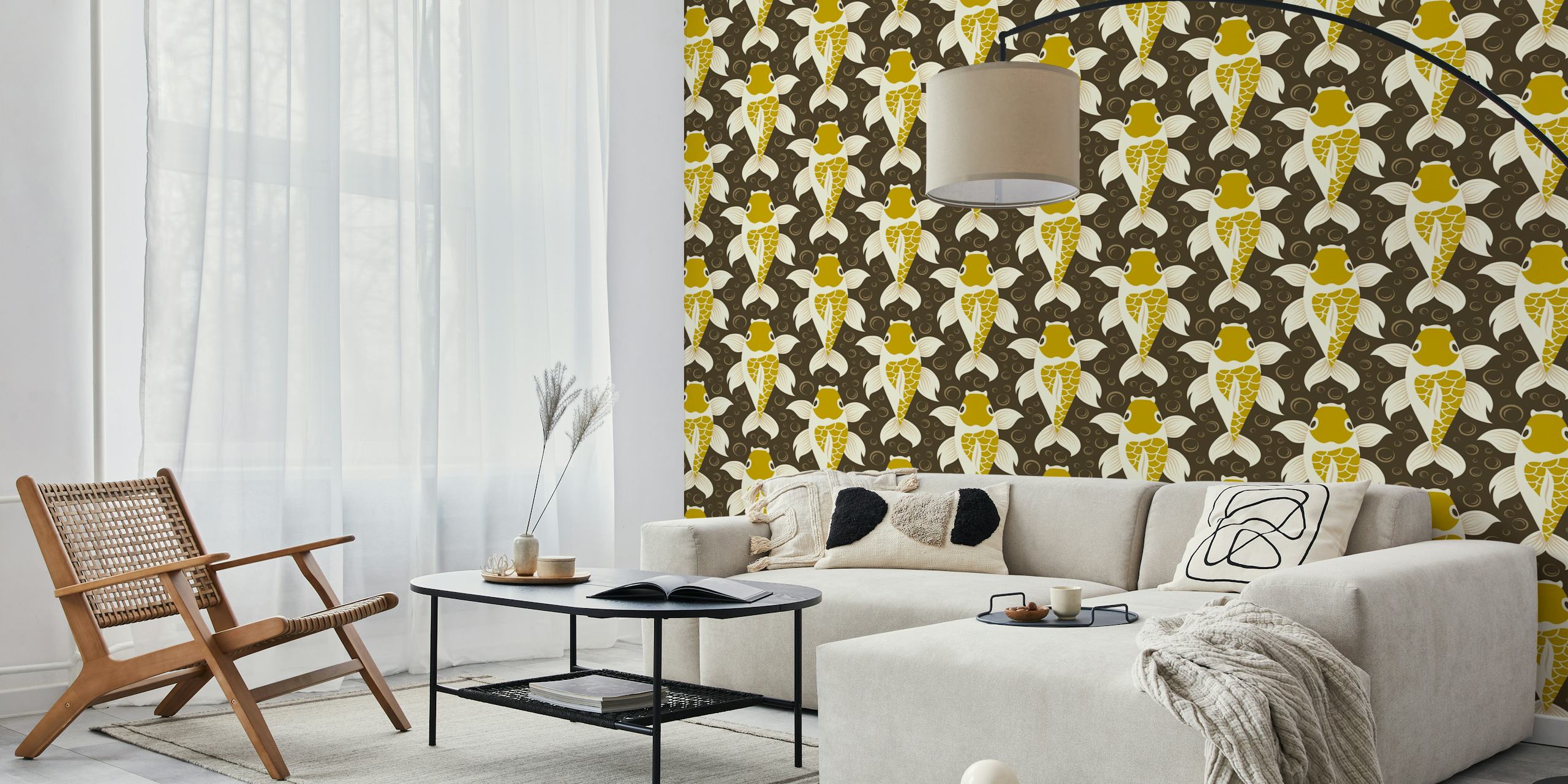Golden koi fish pattern wallpaper in a room