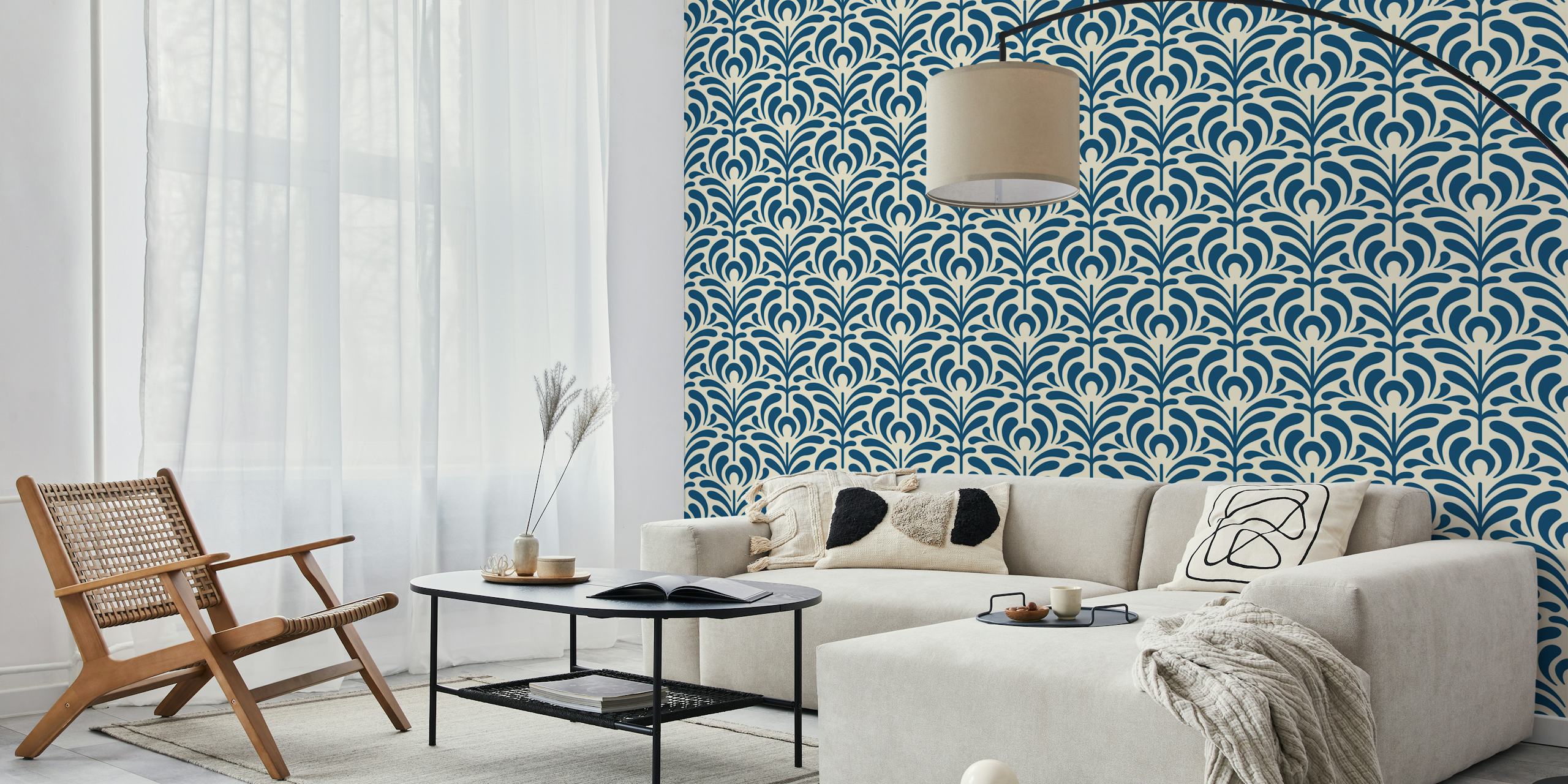 Abstract plant design in navy blue on cream background wallpaper