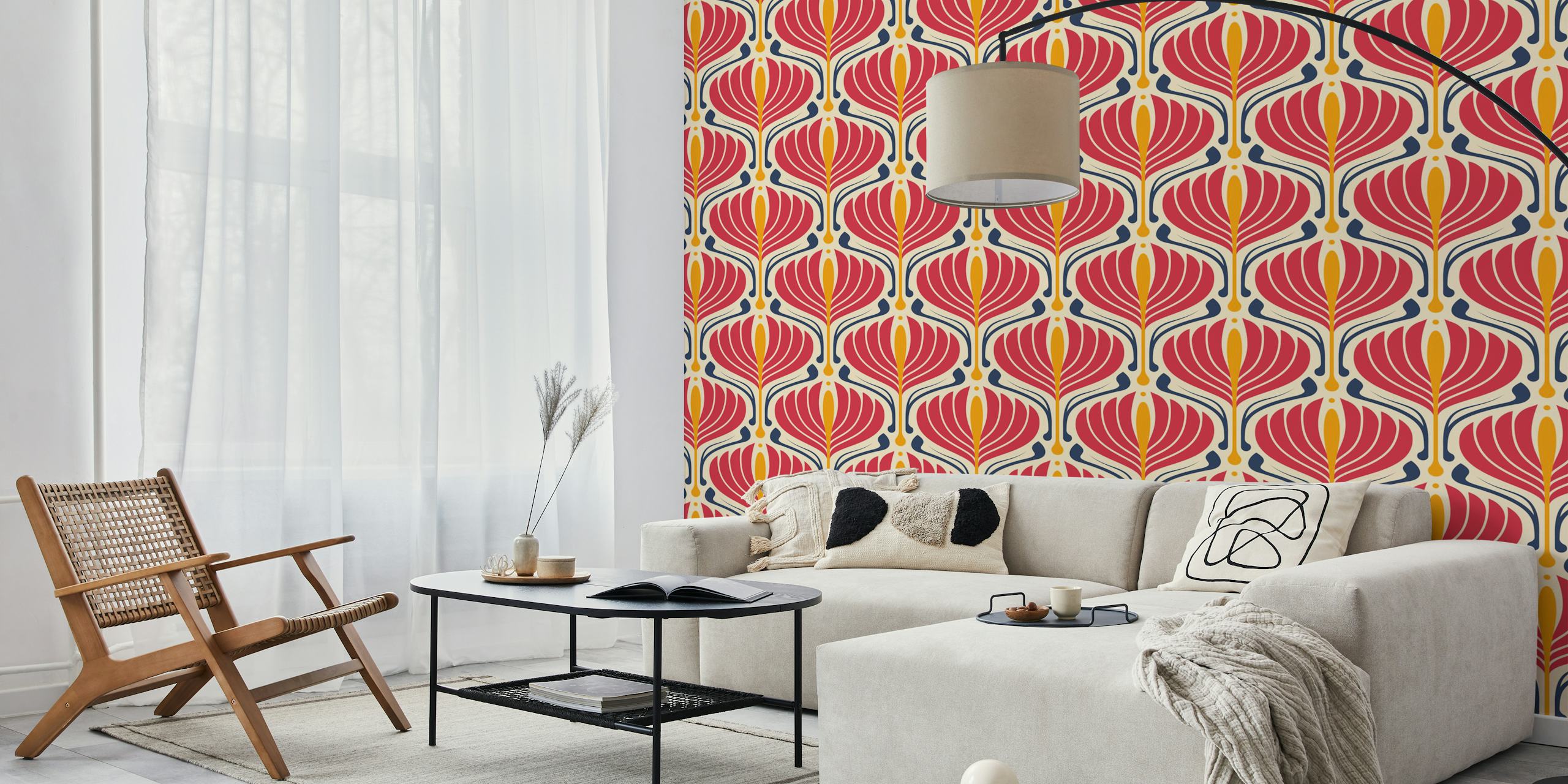Vintage Retro Floral Pattern Wall Mural in Red, Cream, and Navy