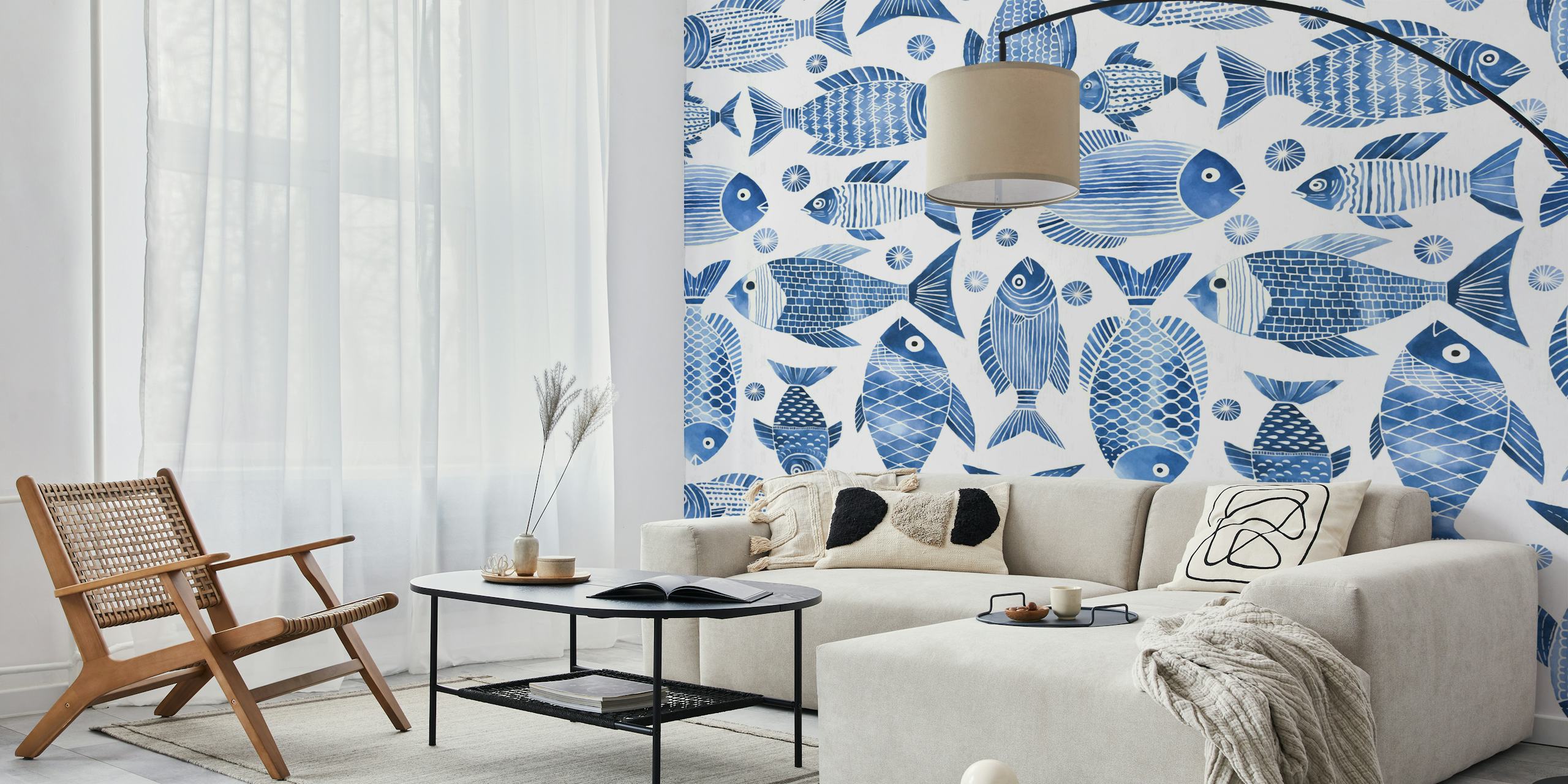 Underwater Blue Fish Parade wallpaper in room