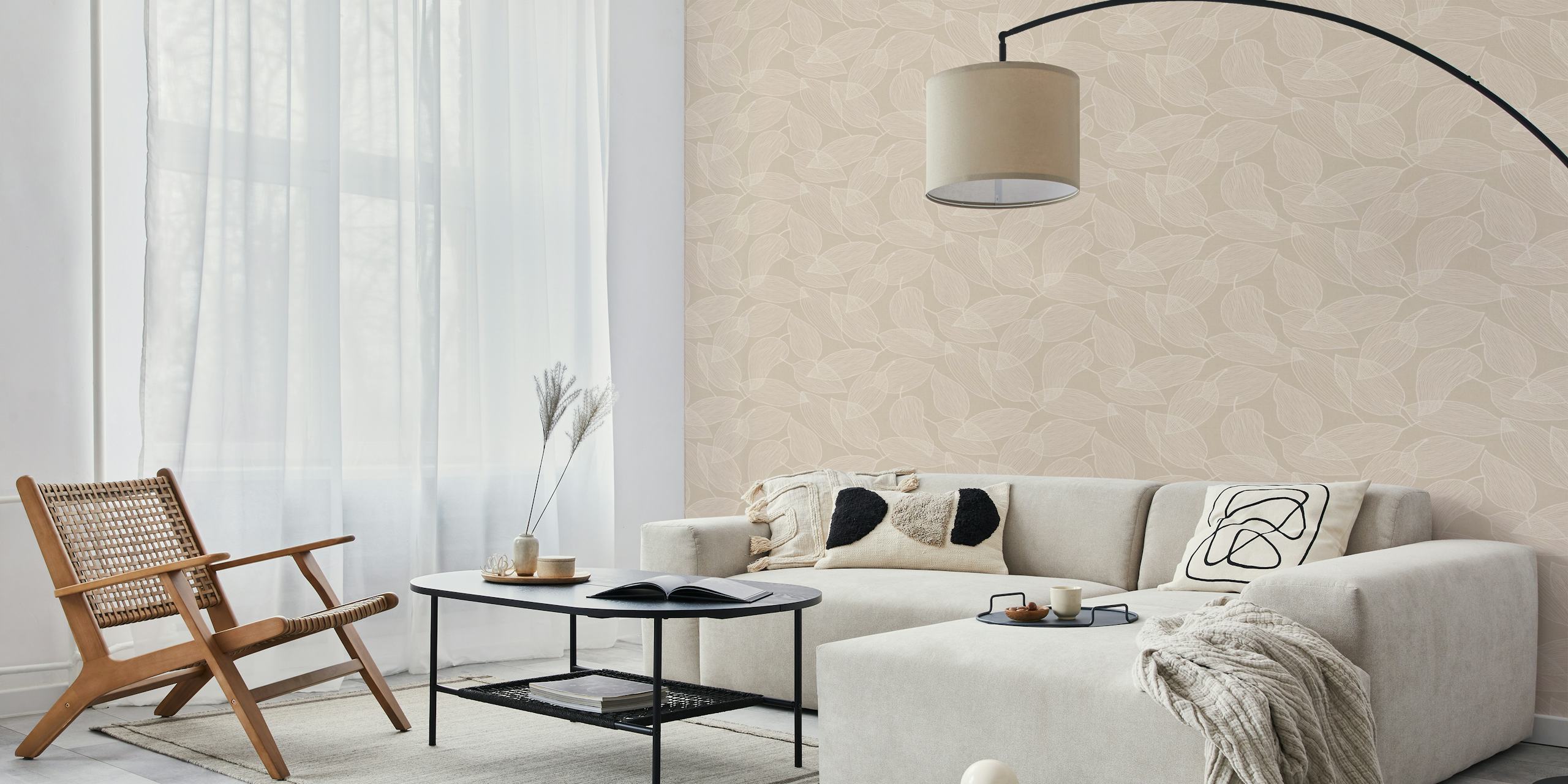 Neutral-toned leaf pattern wall mural