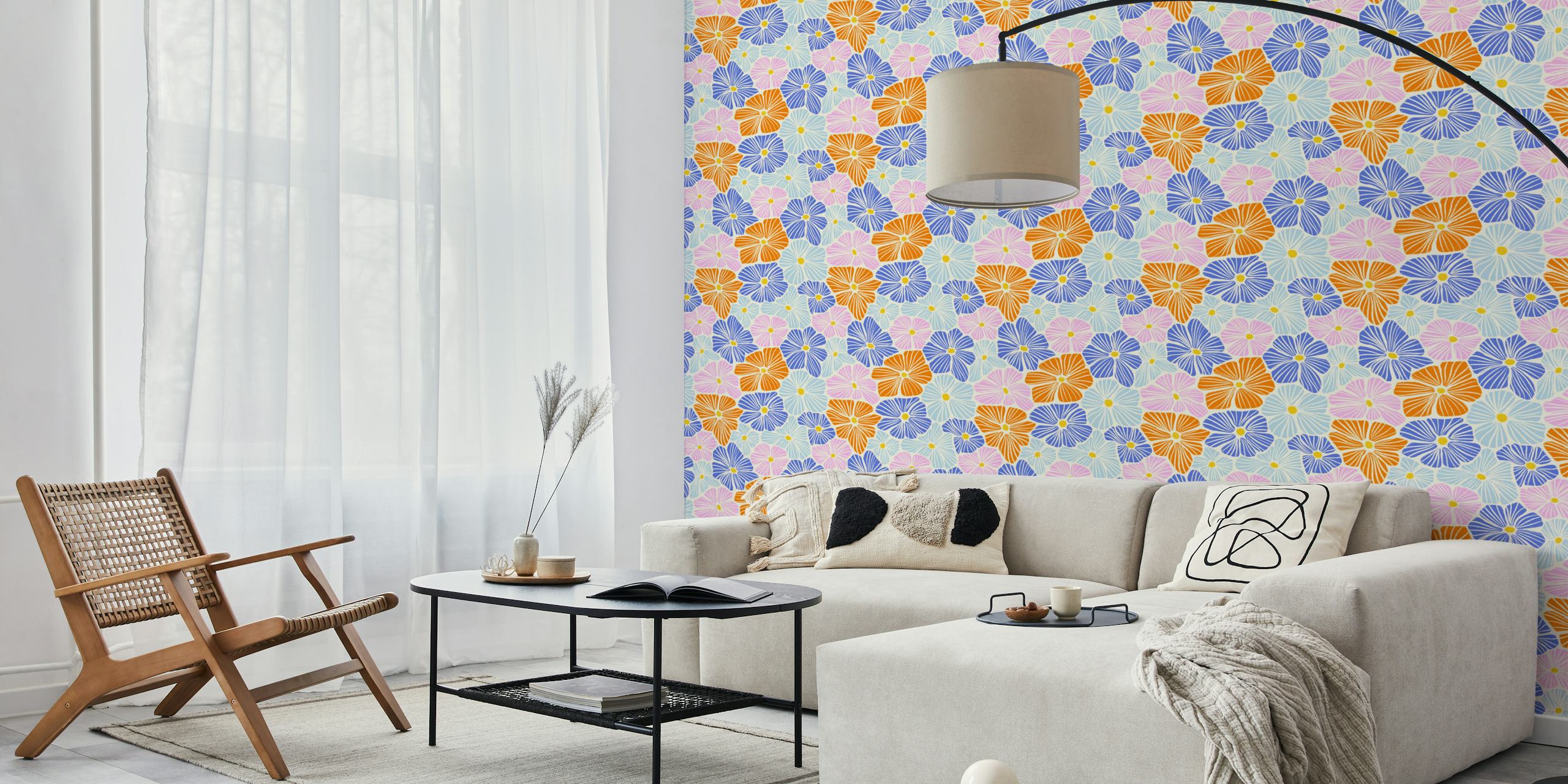 Pastel floral pattern in blue, pink, and orange on a light background wallpaper