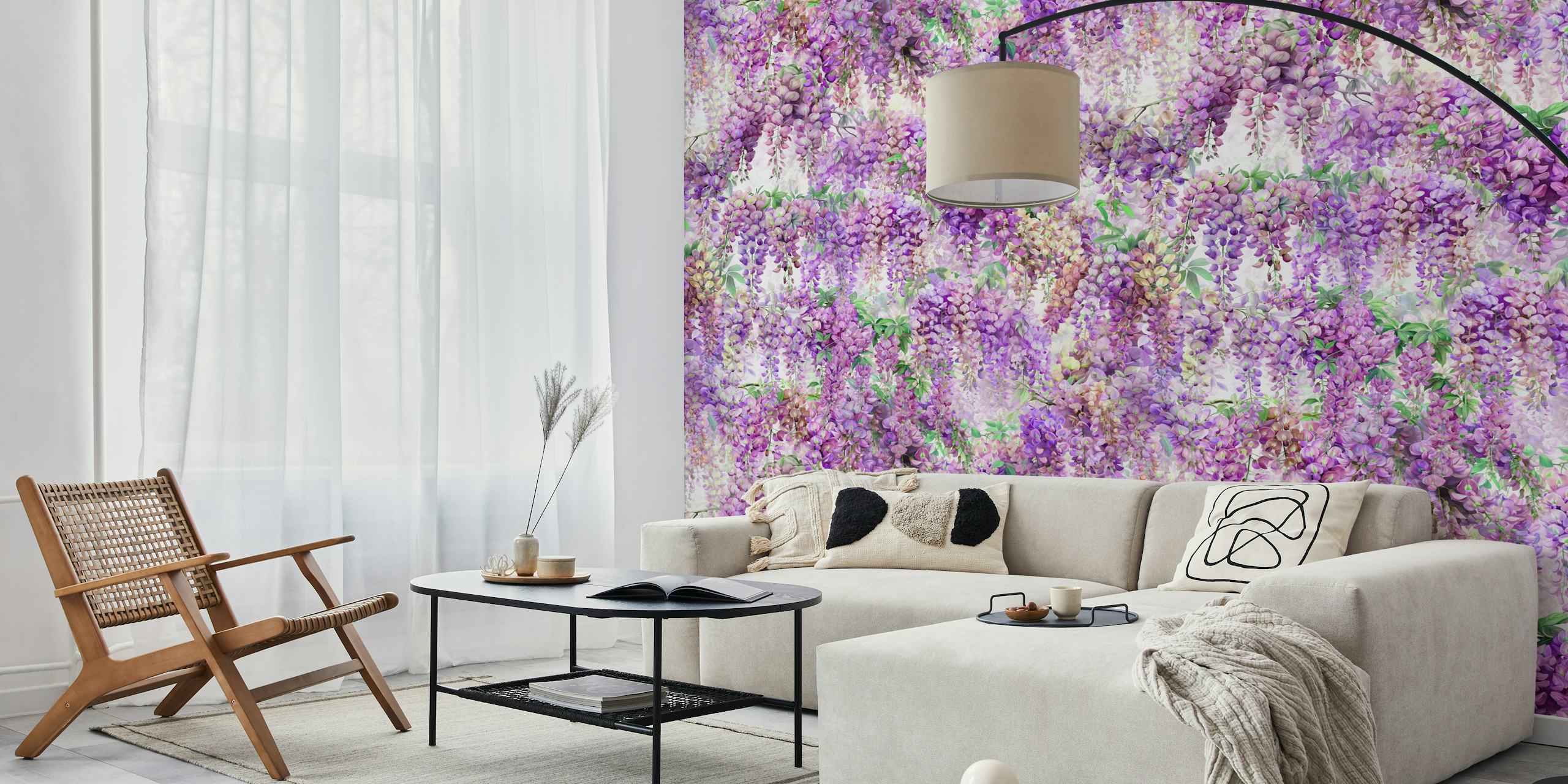 Purple wisteria flowers cascading on white wallpaper