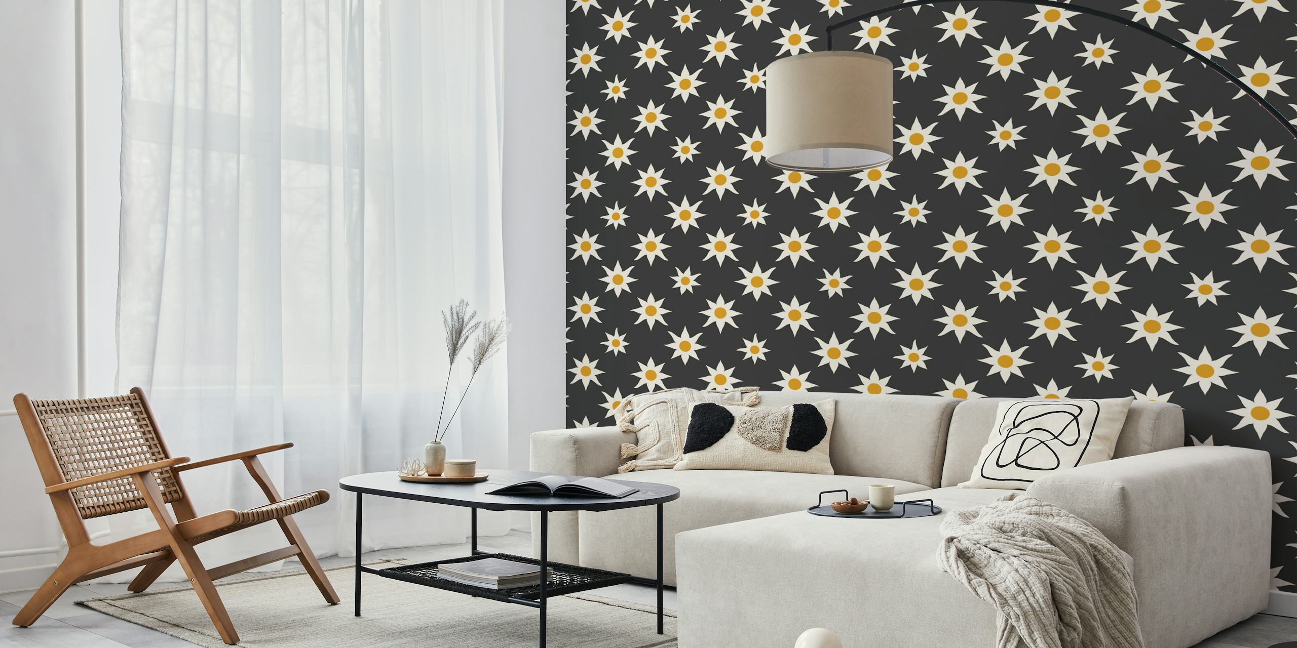 Floral star pattern with charcoal background wallpaper