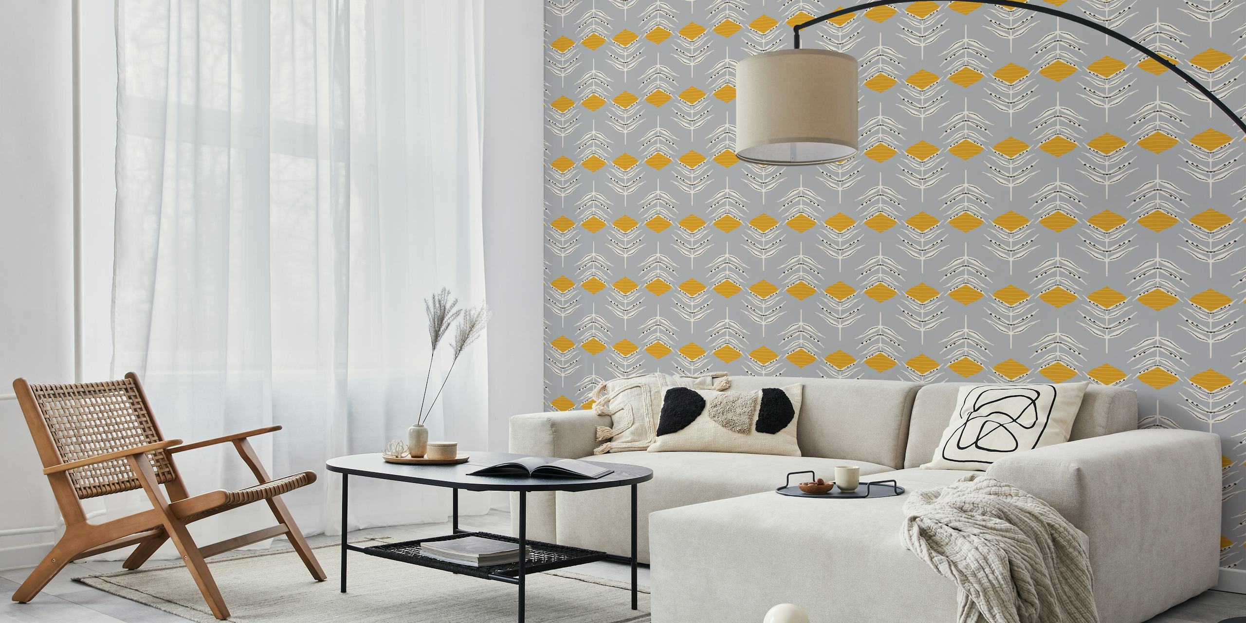 Peacock feather and floral patterns in grey and mustard wallpaper