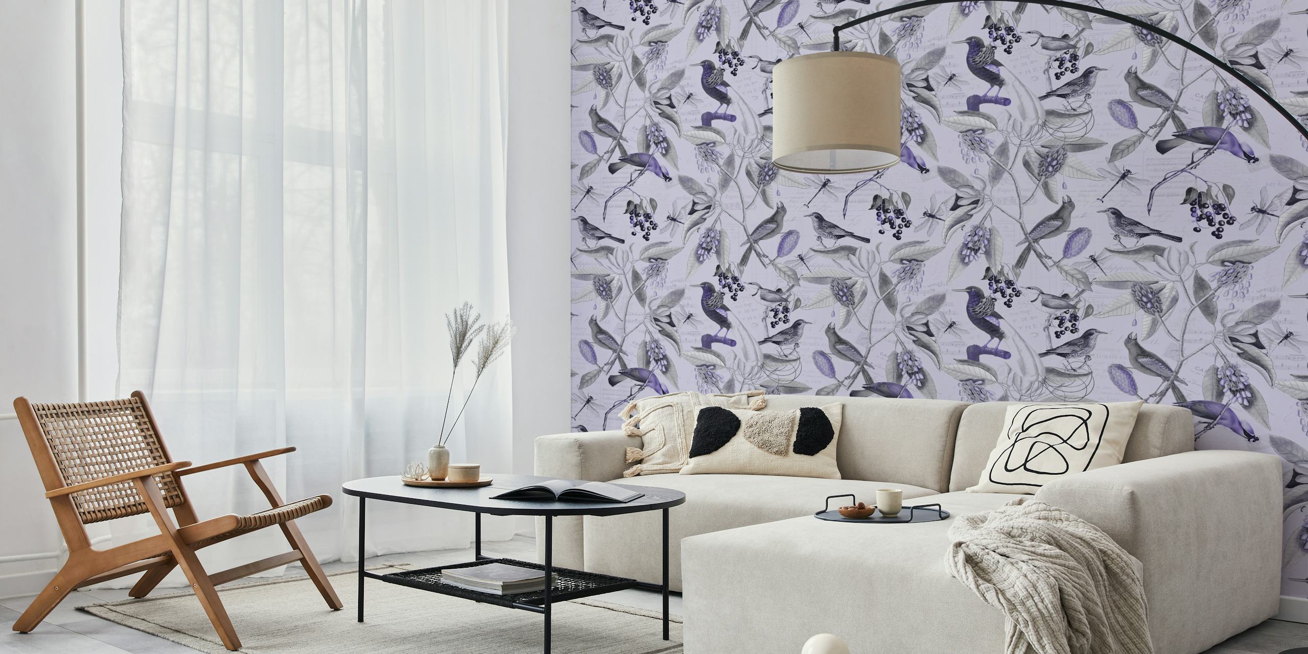 Ταπετσαρία Vintage Magnolia Flowers and Birds Purple σε ένα δωμάτιο