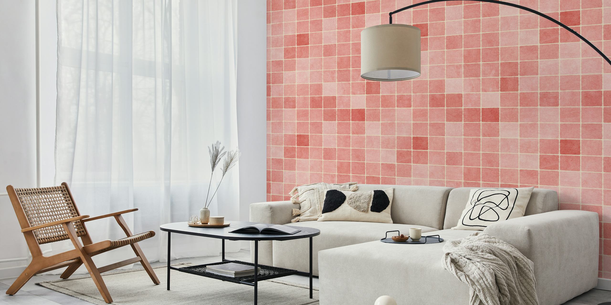 Peach mosaic patterned wallpaper in soft hues