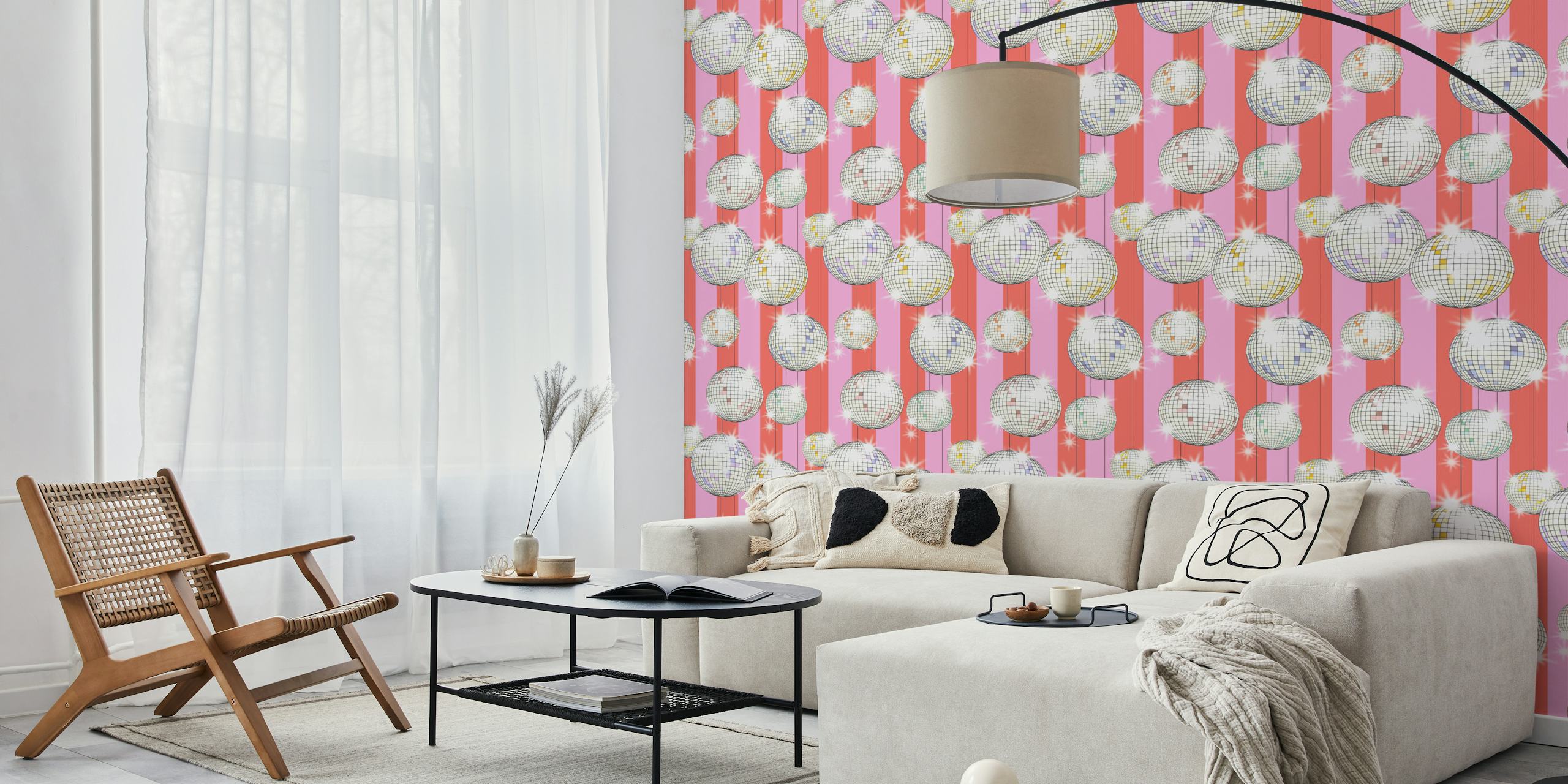 Pink striped wallpaper featuring disco balls in shiny silver