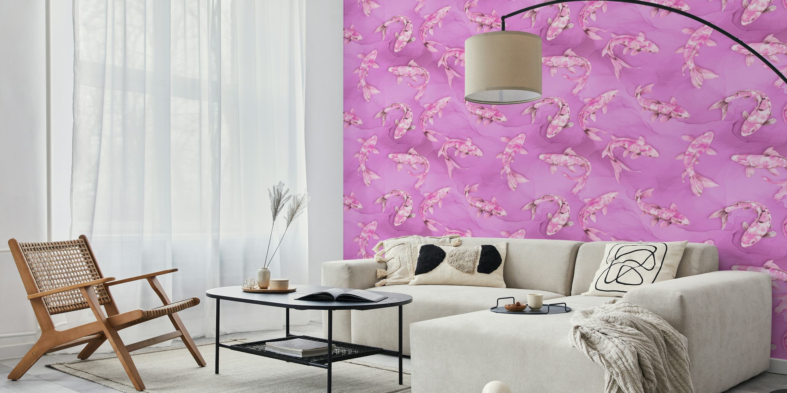 Floating Koi Fish Asia Inspired Pattern Pink in una stanza