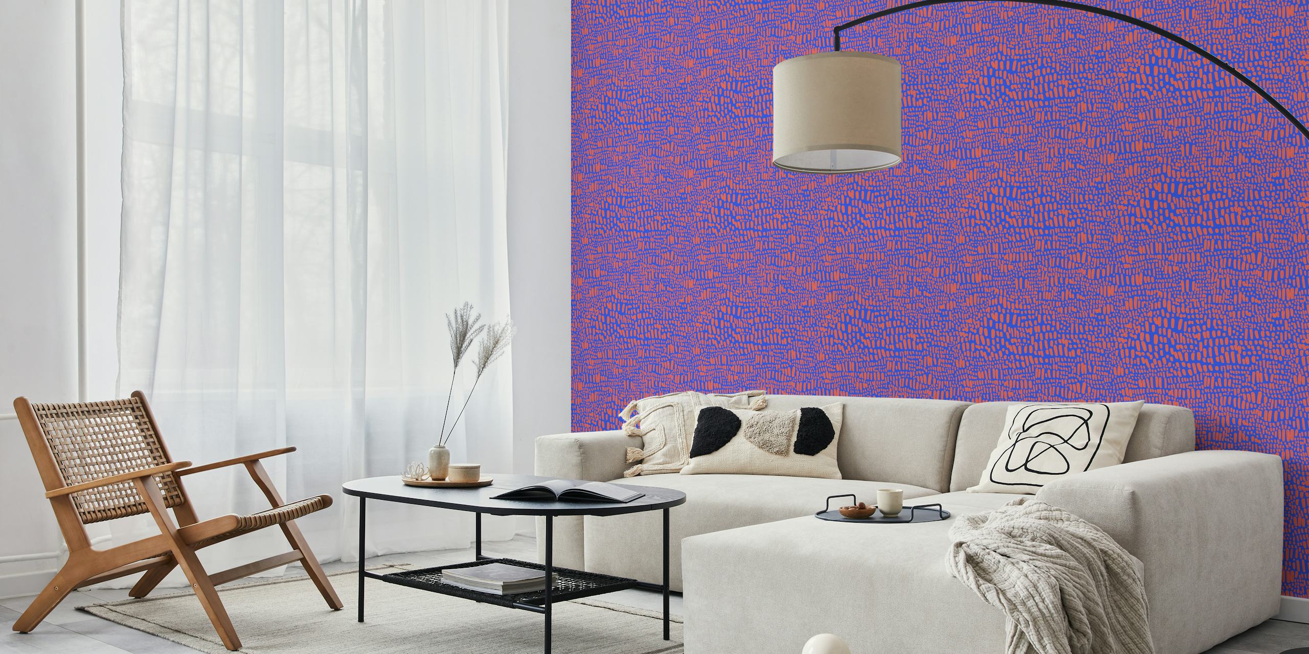 Organic lines and dashes red on blue wallpaper in a room
