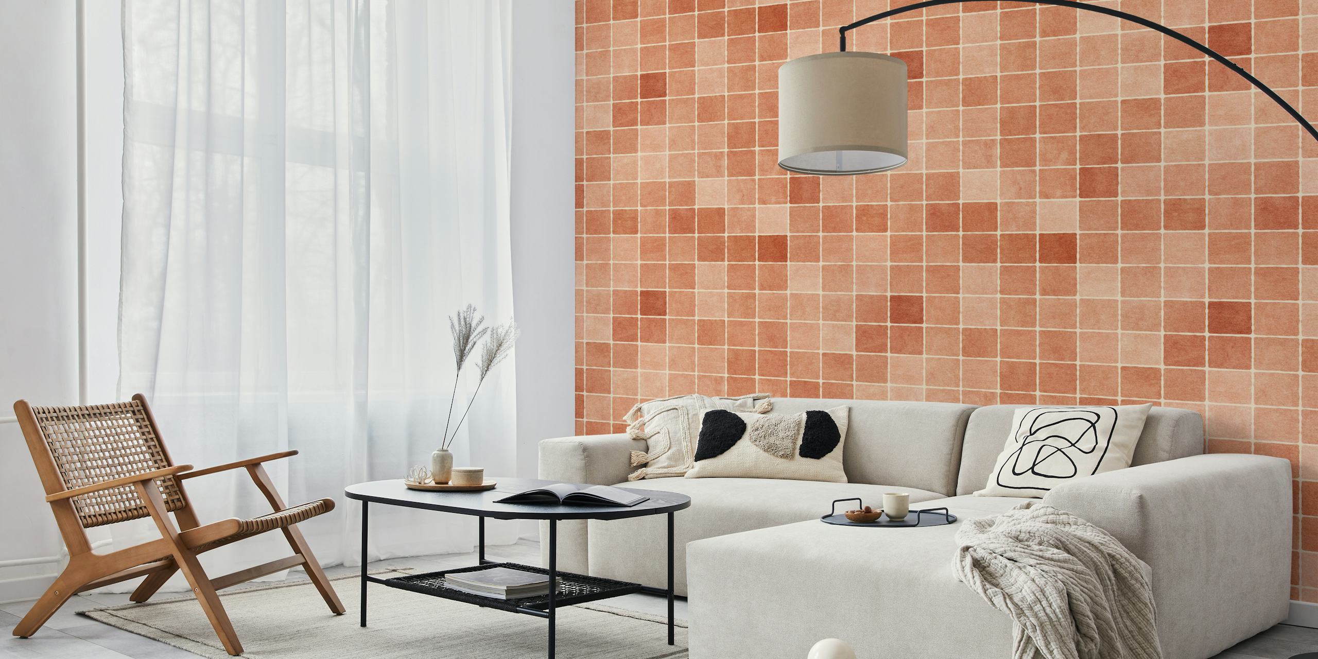 Peach mosaic pattern wallpaper with soft square tiles