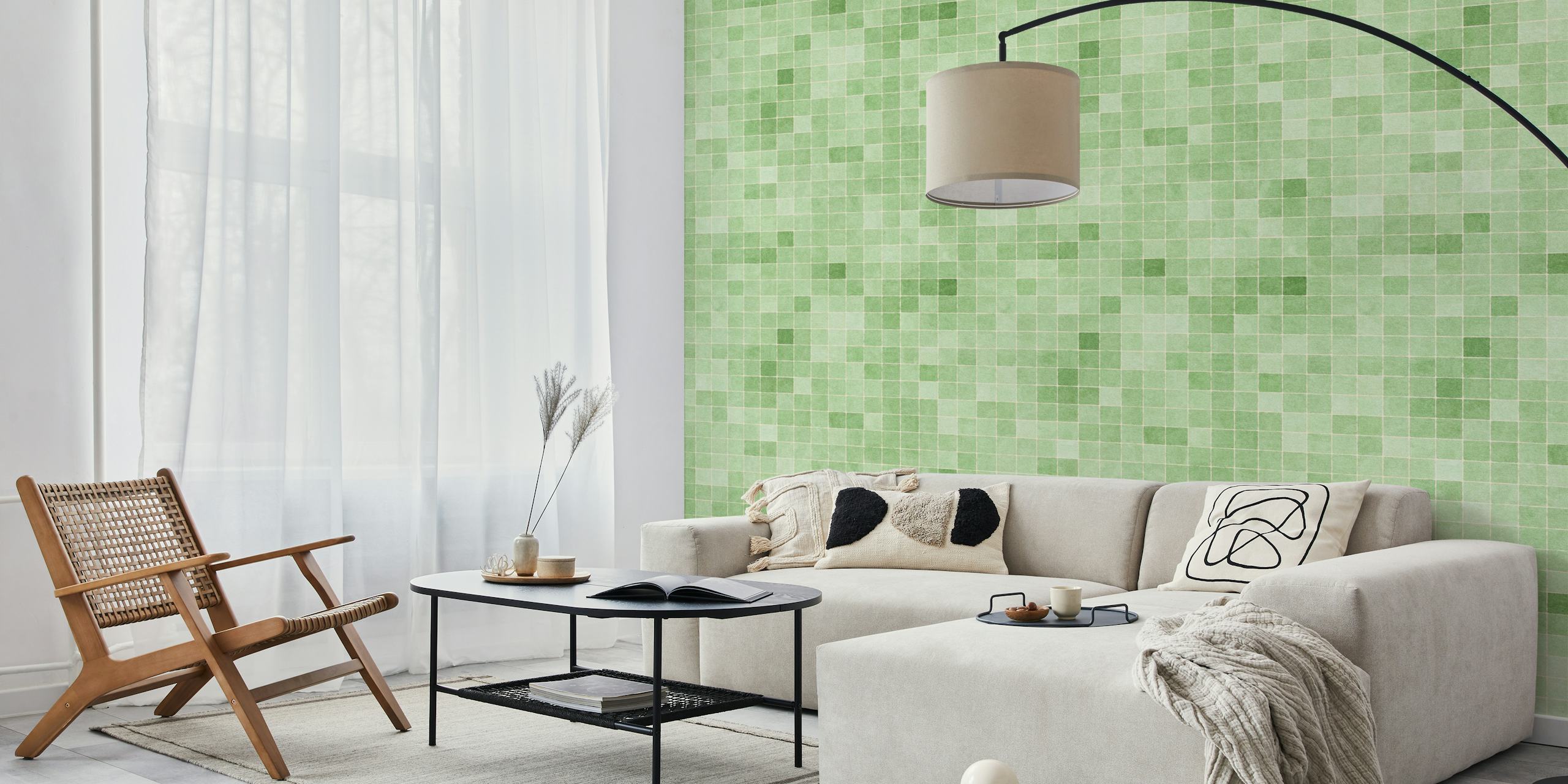 Green mosaic tile pattern wallpaper for modern decor