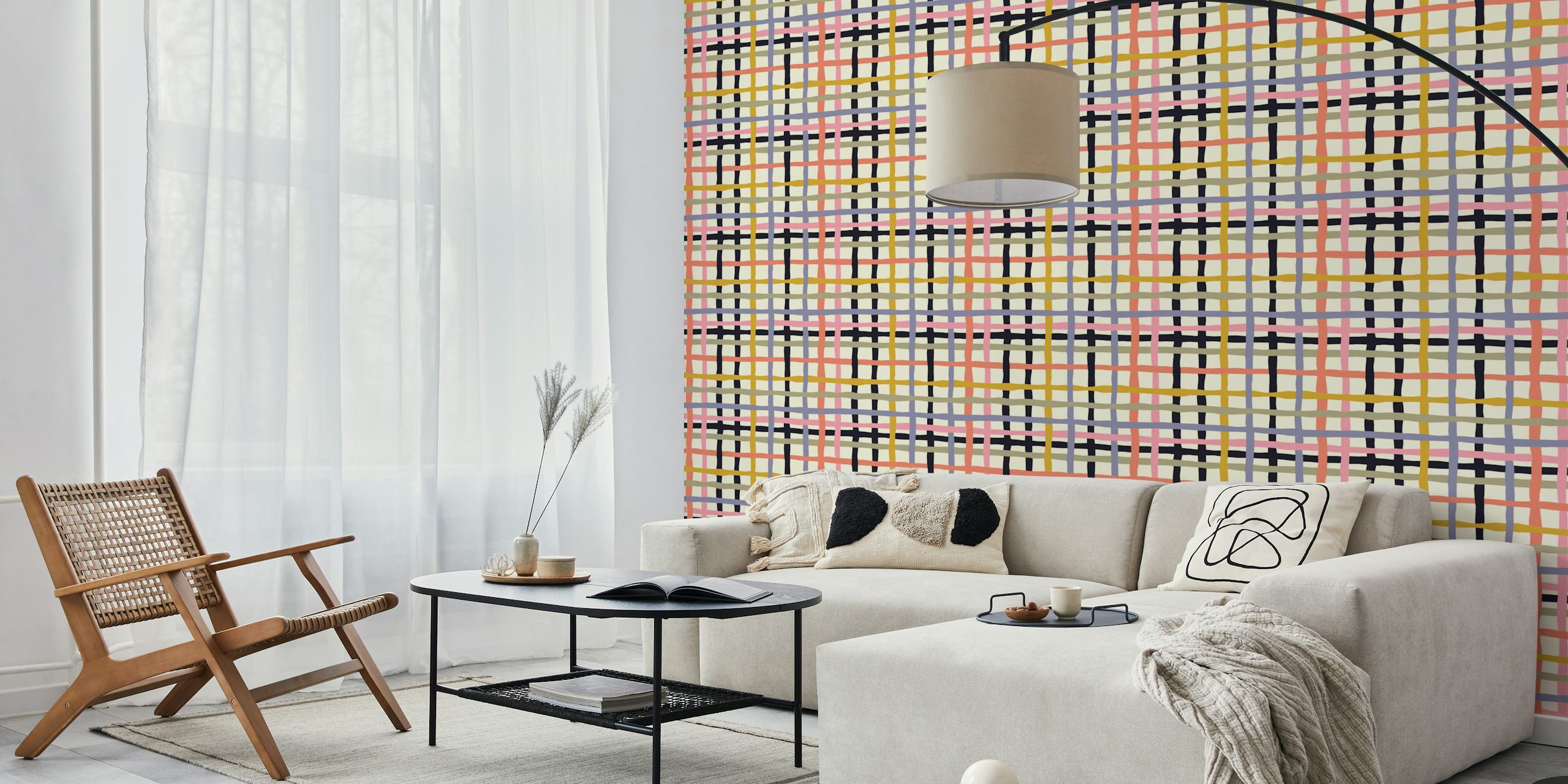 Playful woven checkerboard pattern in cream, pink, blue, and black wallpaper
