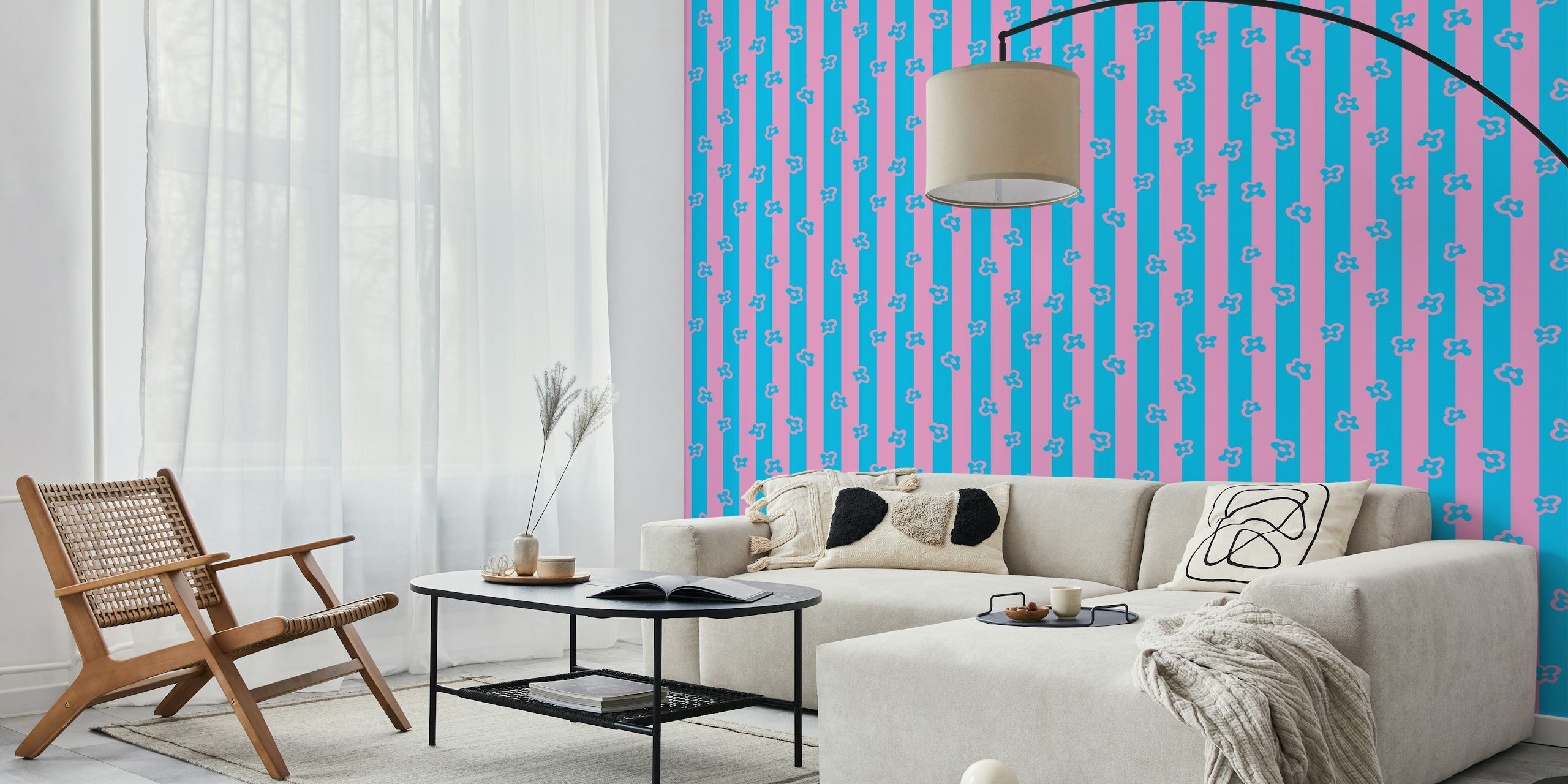 Retro floral pattern in pink and blue stripes wallpaper