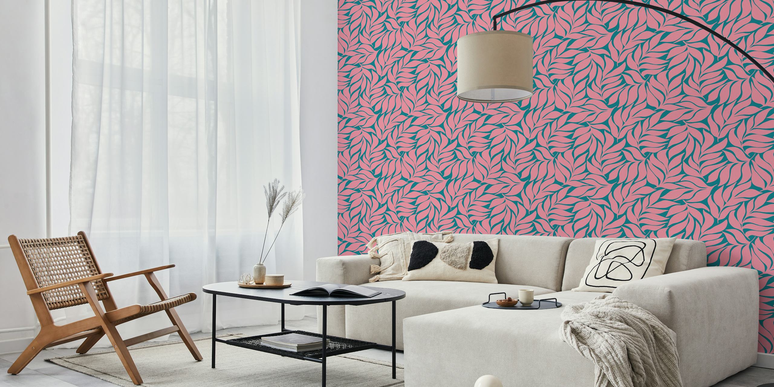 Wavy Tropical Leaves - Coral on Dark Teal em um quarto