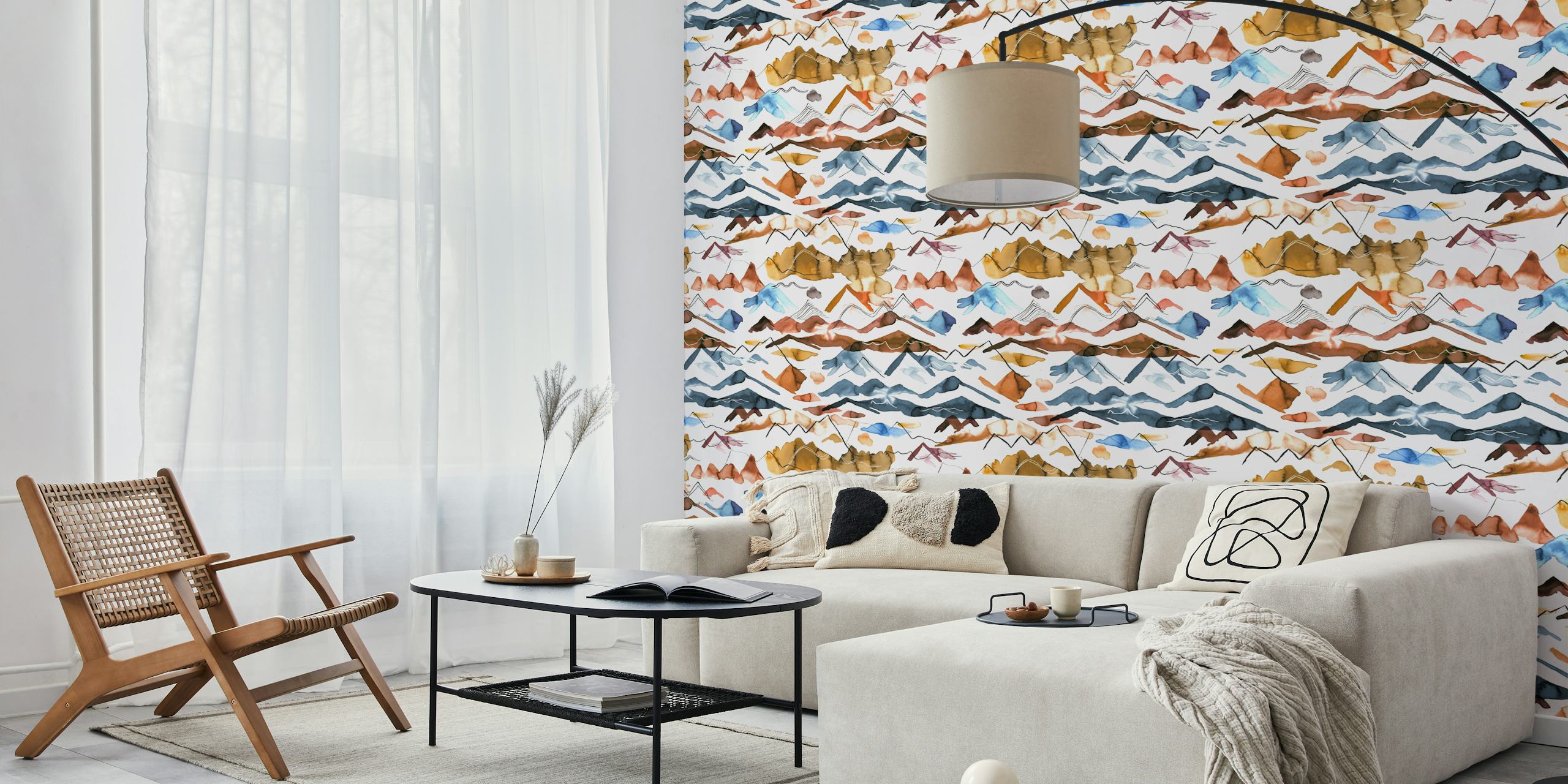 Watercolor wallpaper of western mountains in a room