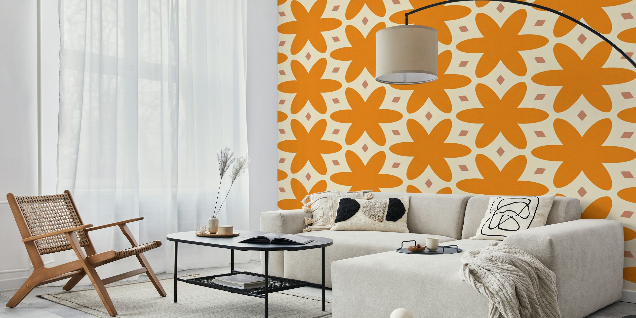 Groovy Tangerine Retro Flowers wallpaper in a room