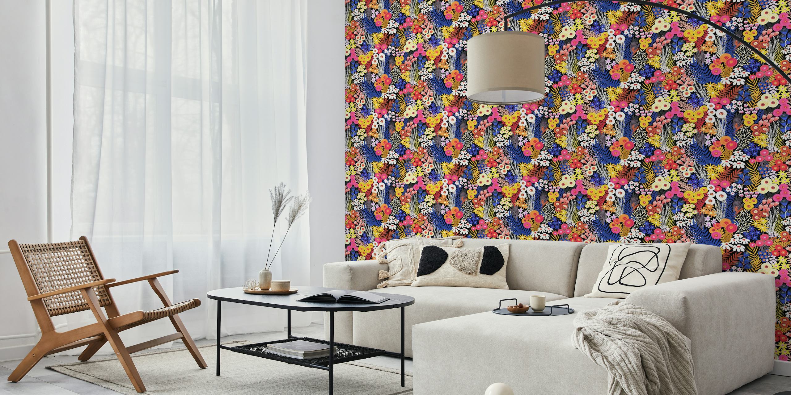 Colorful floral pattern with pink, yellow, and blue flowers on black wallpaper