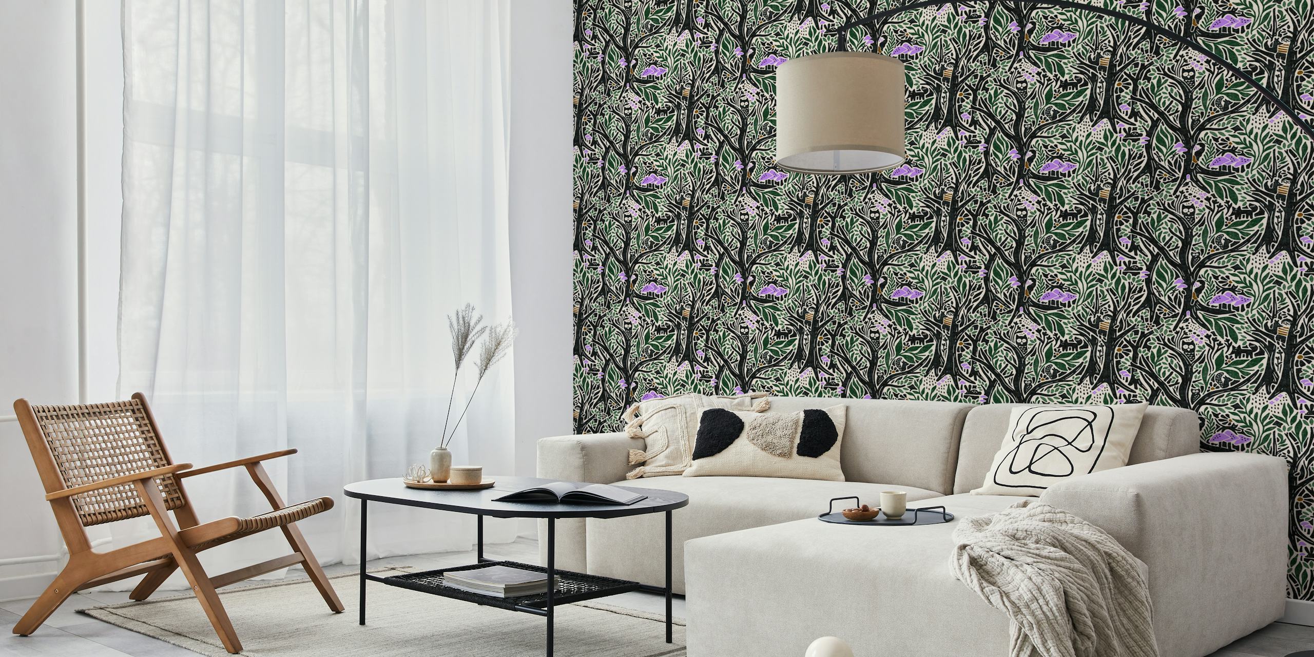 Whimsical nature scene with trees and animals in green and black wallpaper