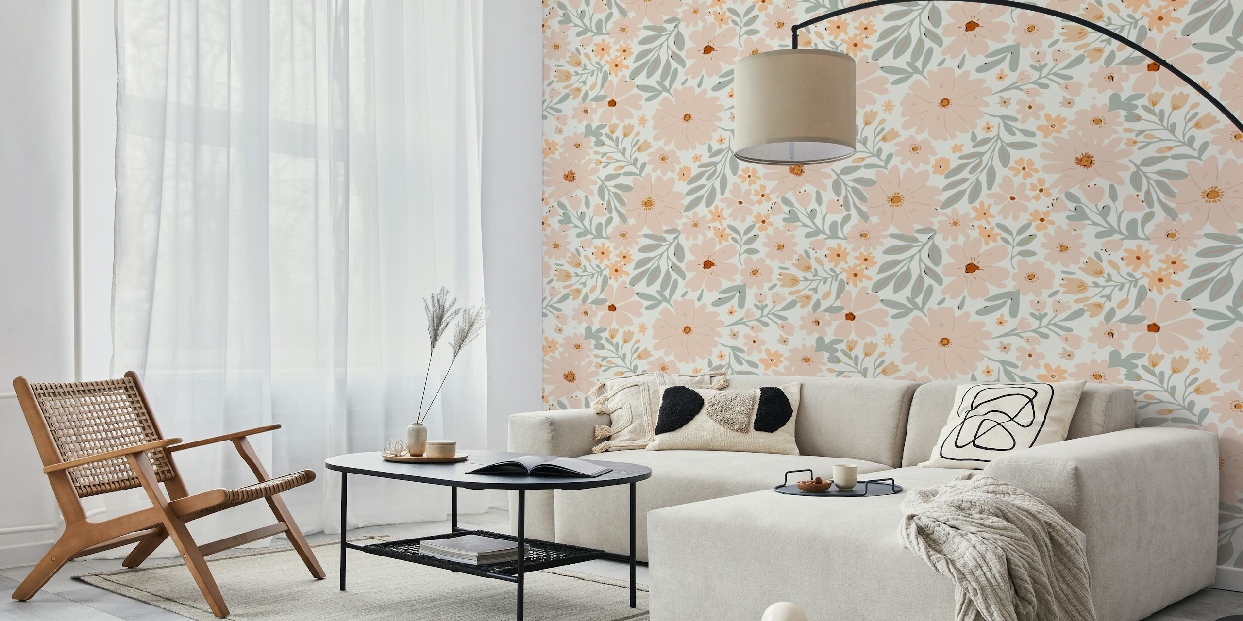 Pink floral wallpaper with soft beige and green leaves in a modern style