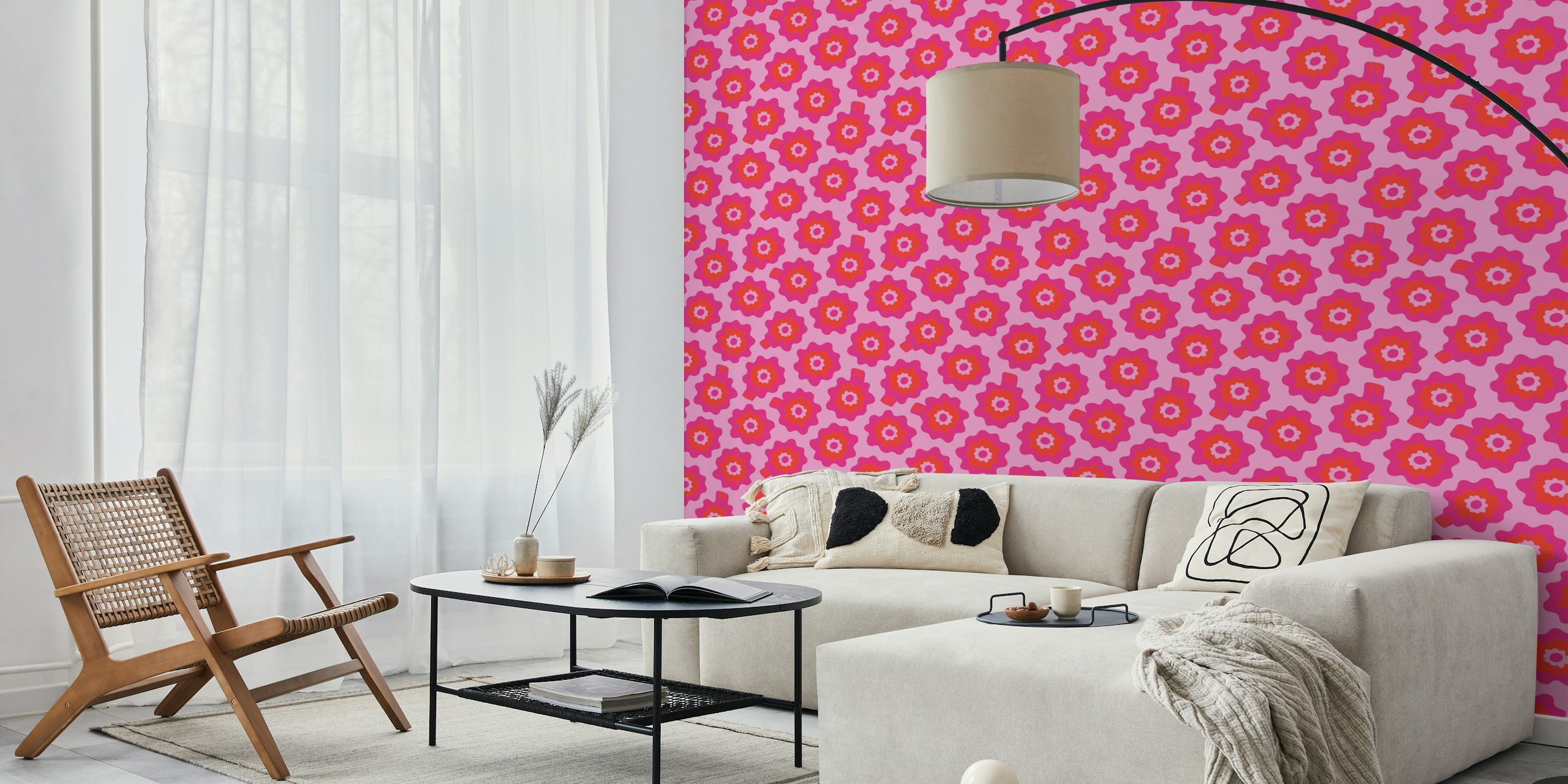 Colorful retro floral pattern in pink hues wallpaper