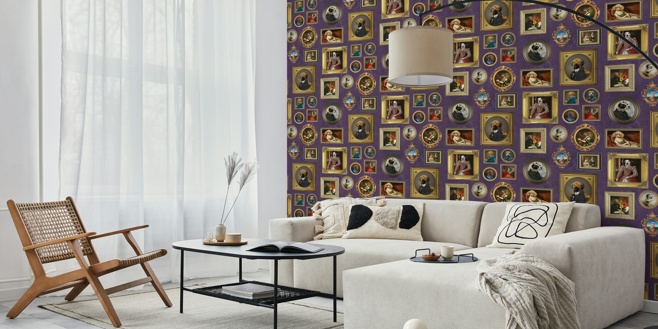 Various dog portraits in oval and rectangular frames on purple wallpaper