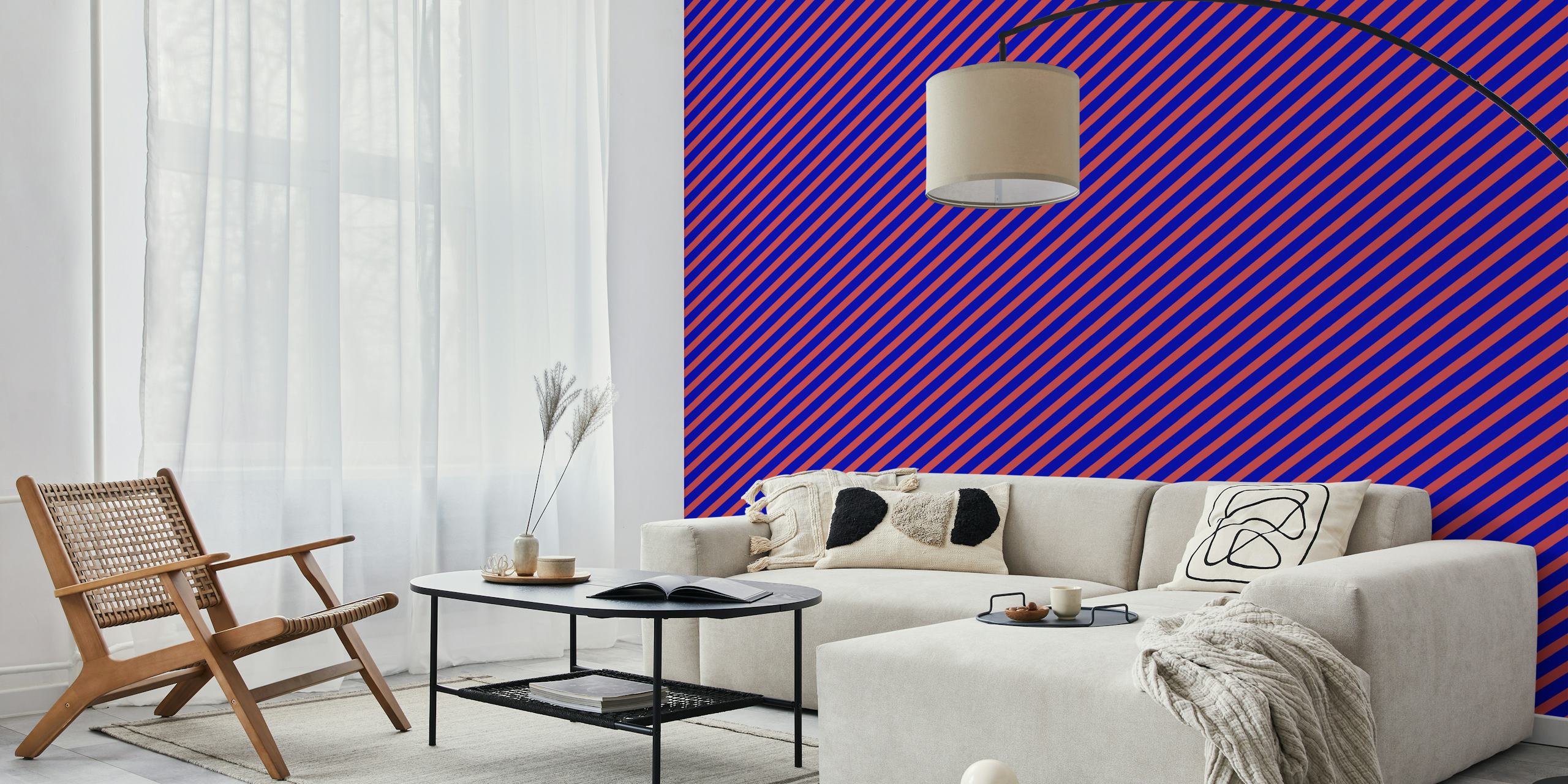 Cool blue and red diagonal striped wallpaper