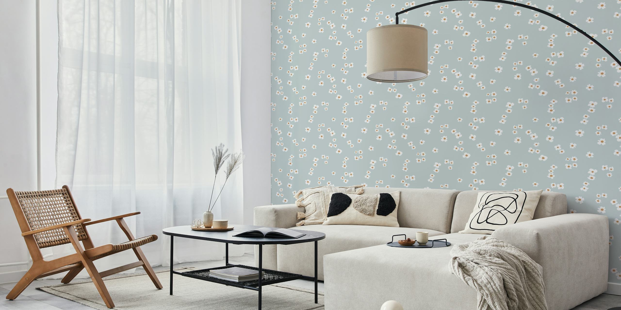 Minimal white flowers with beige centers on blue background wallpaper