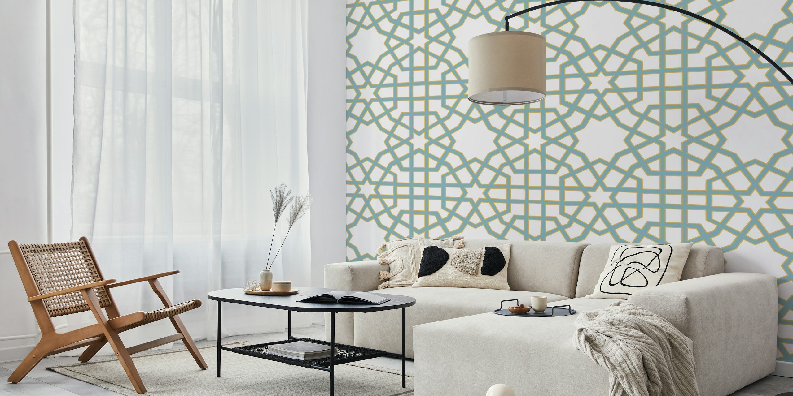 Geometric pattern in light blue and white wallpaper
