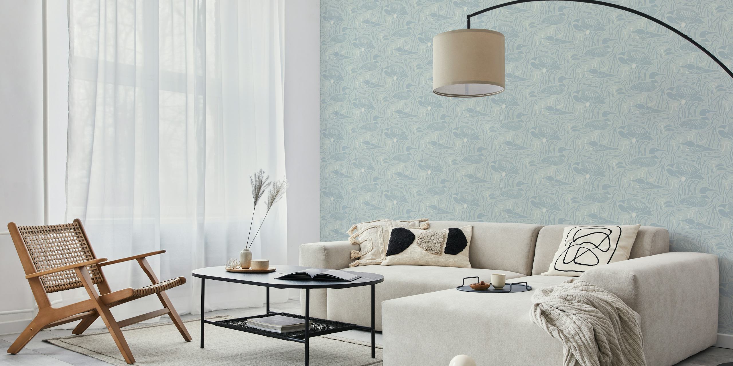 Duck and lily pad design in soft grey tones wallpaper