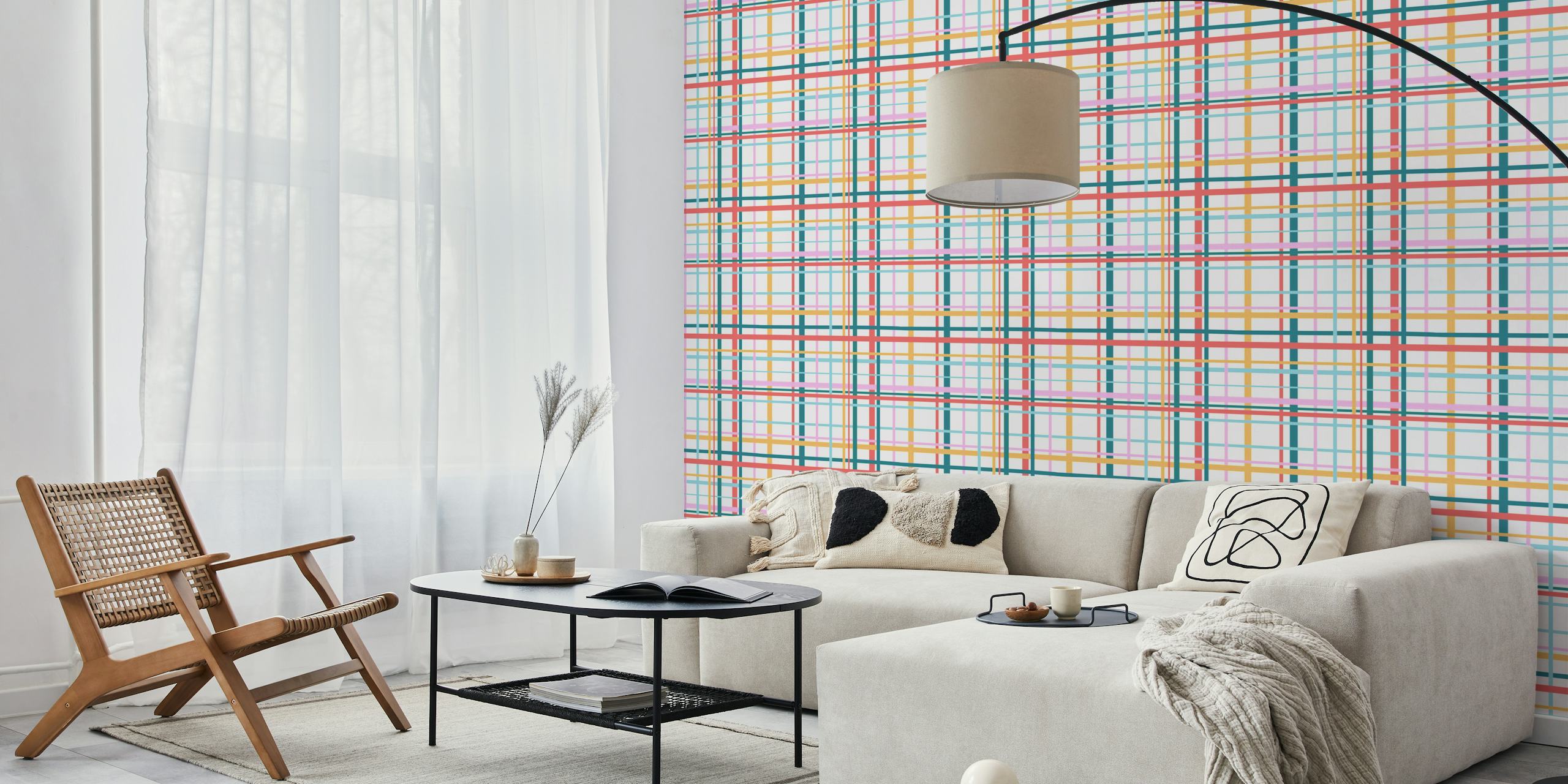 Bright plaid wallpaper in a room setting