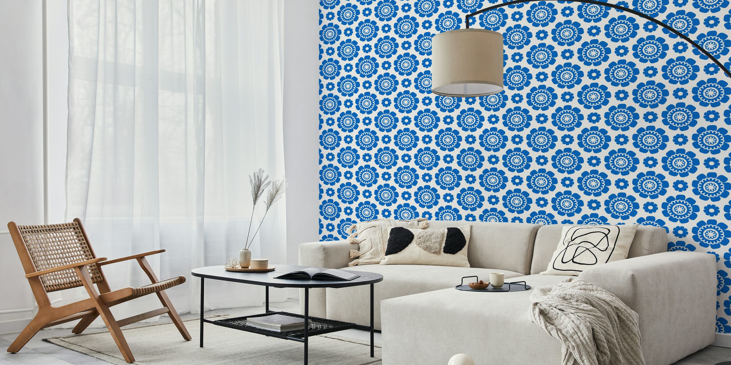 Papel pintado con patrón de daisy flower pattern azul en una habitación