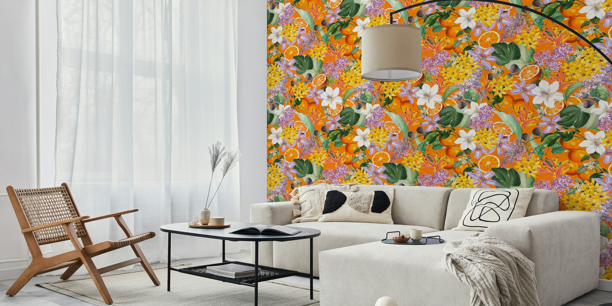 Tropical fruit and flowers vintage jungle wallpaper