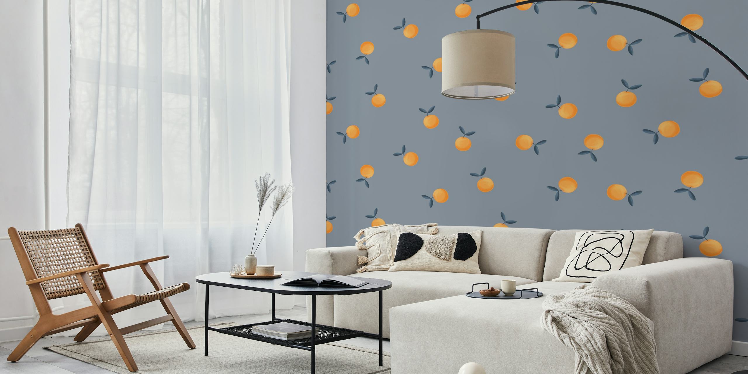 Orange fruits with green leaves on blue background wallpaper