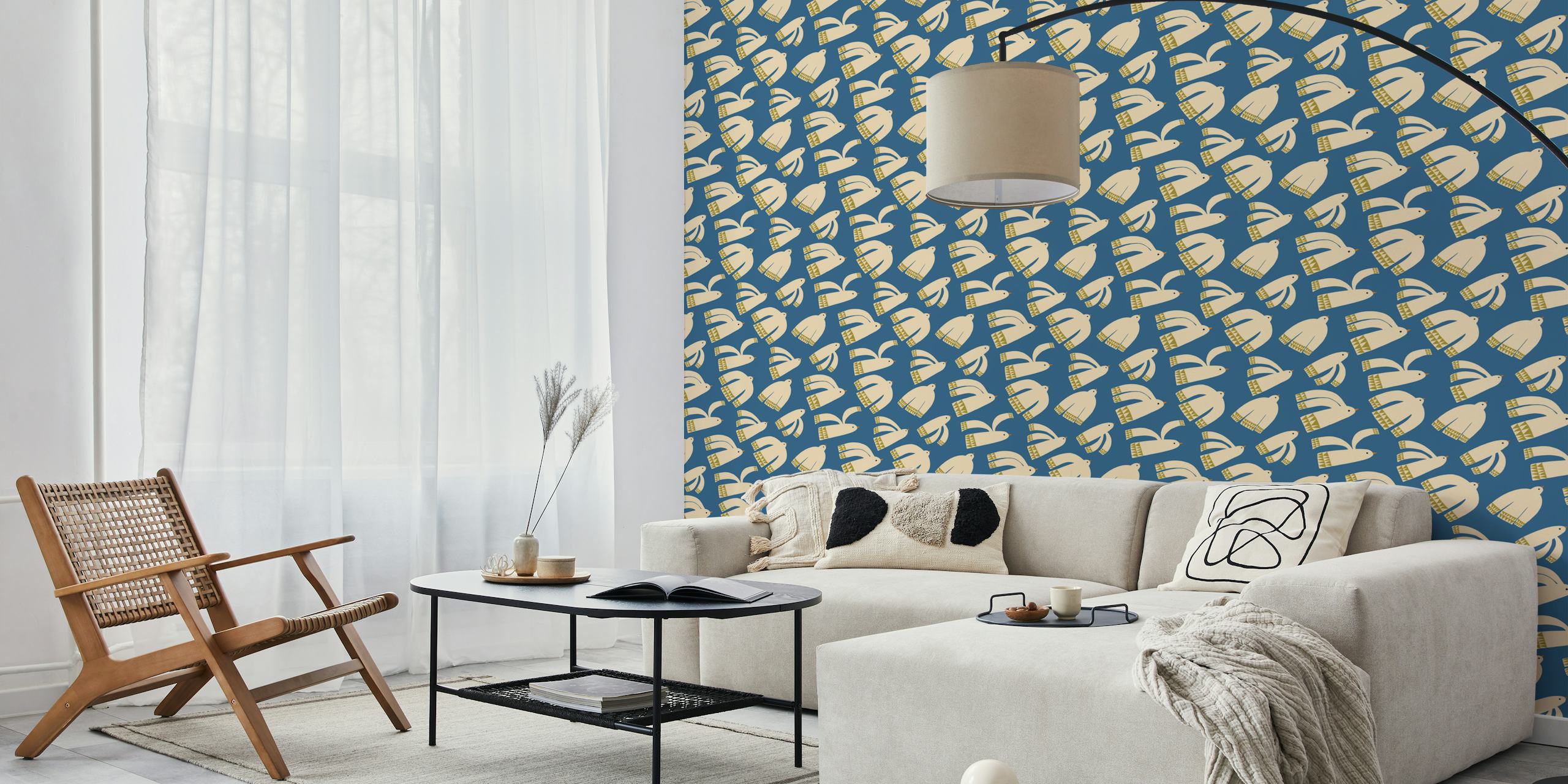Folk art birds wallpaper in a room