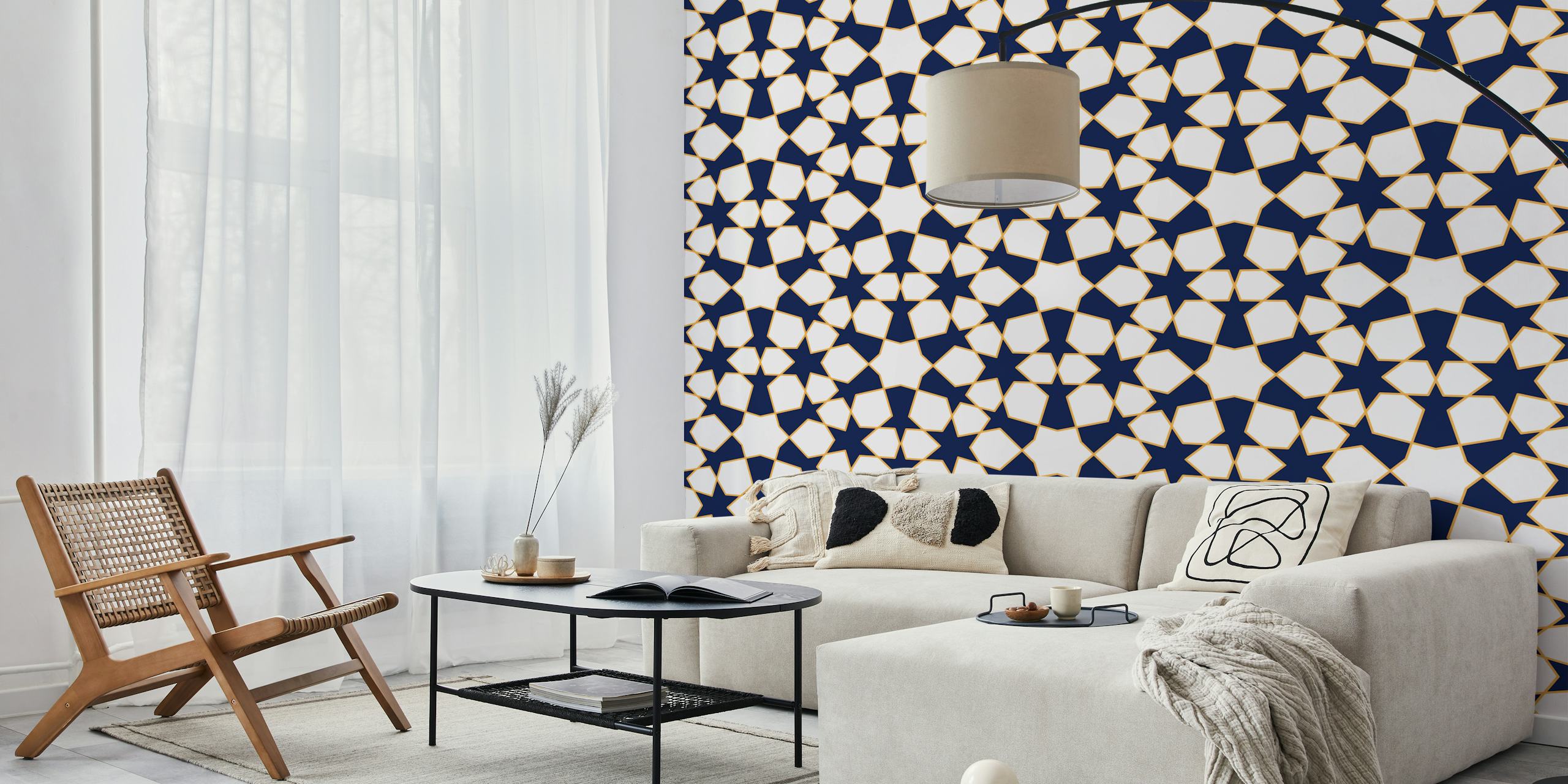 Papel de parede Navy Arabesque art style em um quarto