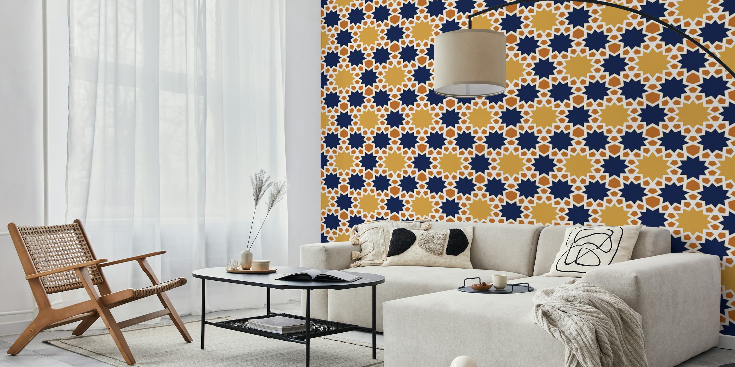 Arabesque star pattern in navy and gold wallpaper