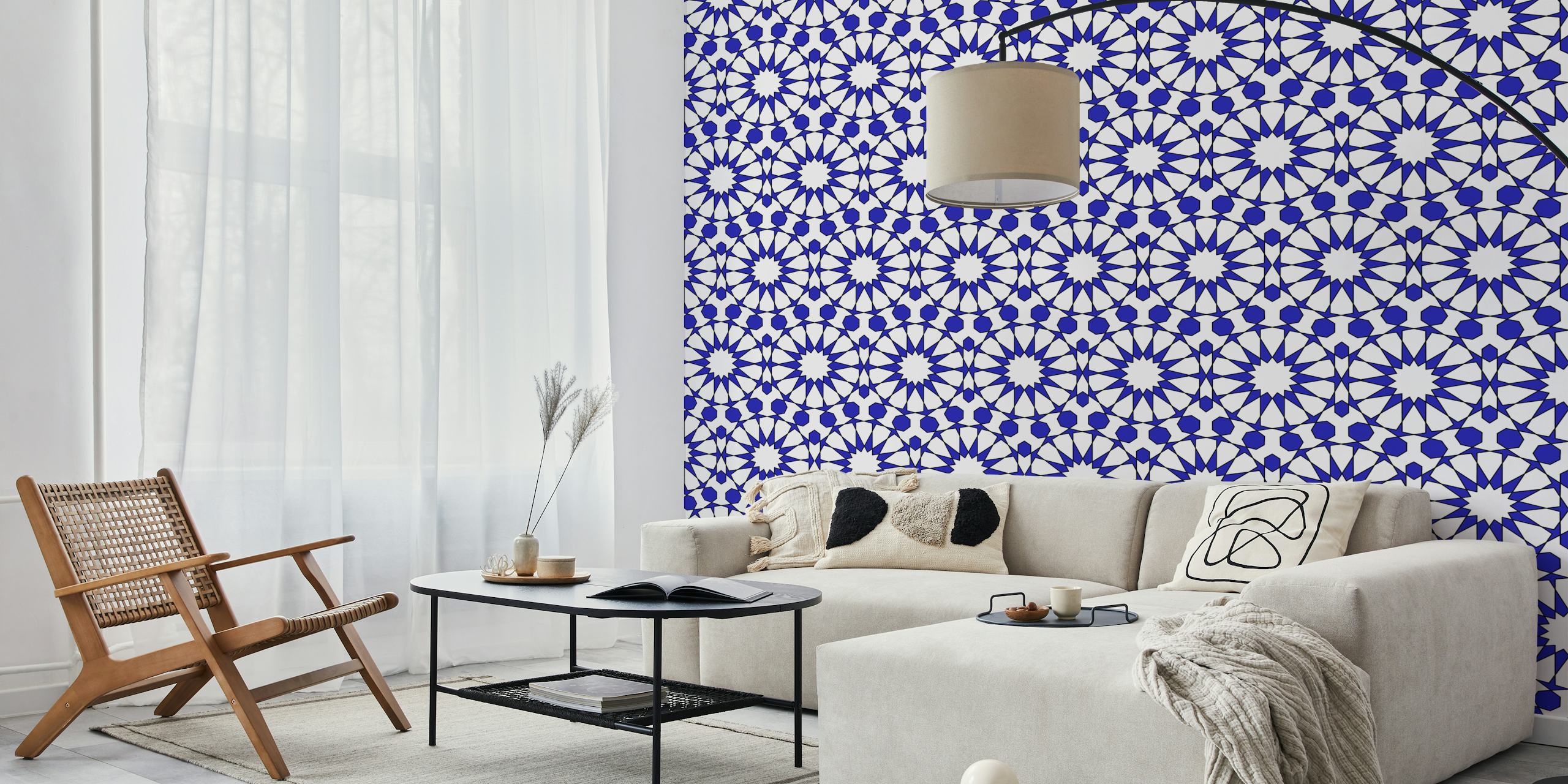 Navy arabesque pattern wallpaper in a room